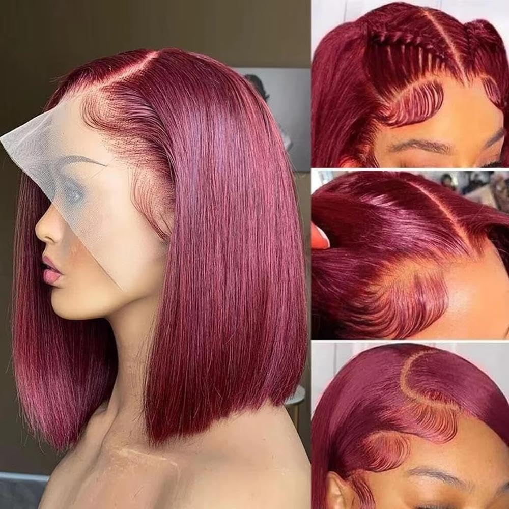 Haarpflege Burgunderrote Kurze Gerade Bob-Perücke HD-Transparent Mit Spitze Vorne Vorgezupft 100% Echthaar(180%,10inches)
