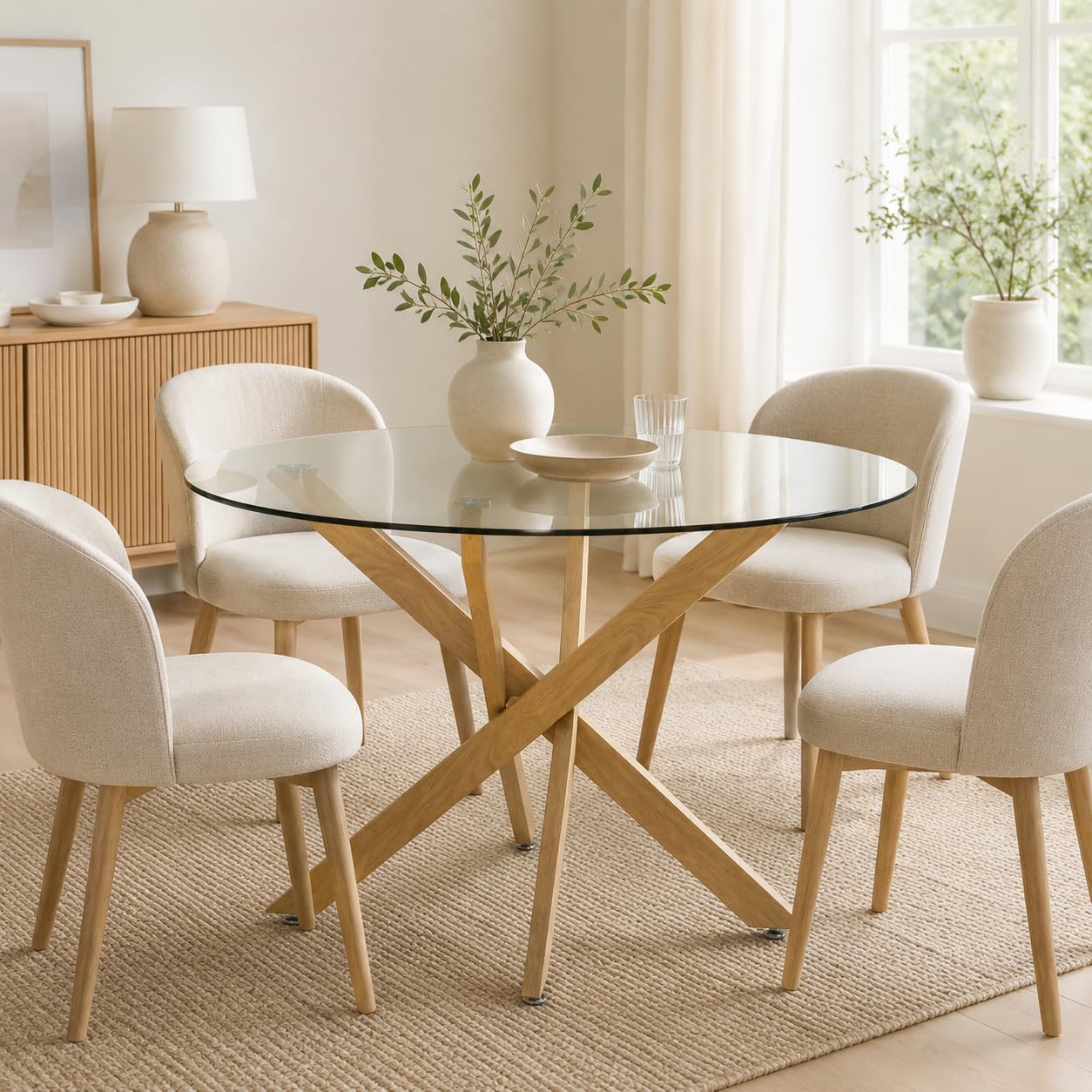 Mesa de Comedor Redonda 120 cm – Mesa de Cocina de Cristal Templado para 4-6 Personas – Mesa Redonda Moderna con Patas de Acero, Montaje Fácil, Carga 70 kg, Cambria
