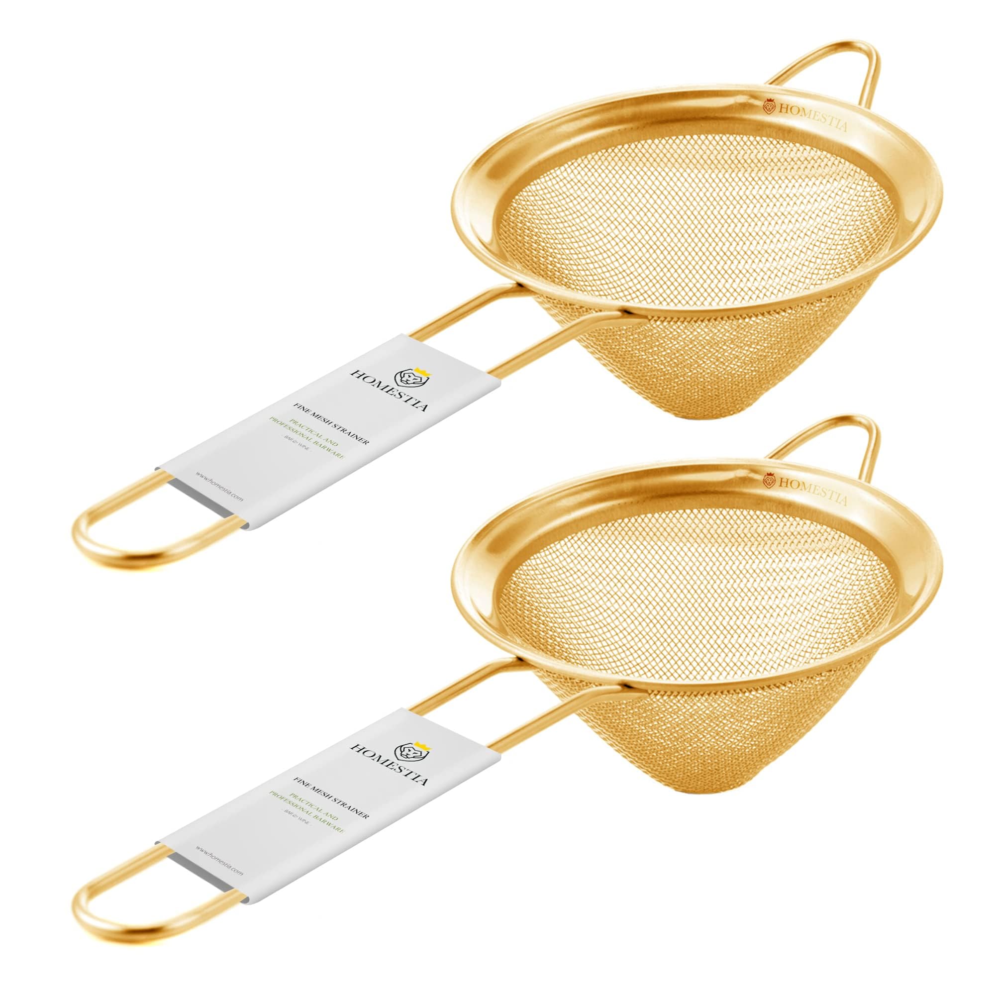 Homestia Colador de malla fina de 2 coladores de acero inoxidable de doble tensión para cóctel con mango largo para utensilios de camarero de 3.3 pulgadas (dorado)