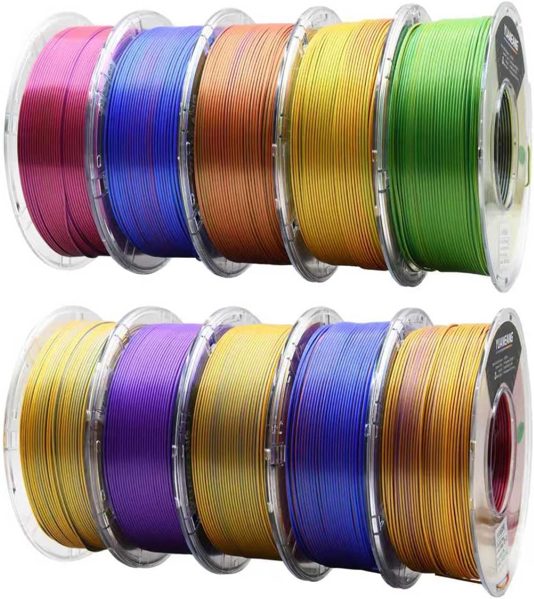 PLA Filament 1.75mm, ±0.03mm Precision, Tough PLA Material, 1kg Spool (2.2 lbs), 10-Pack Dual-Color Bundle