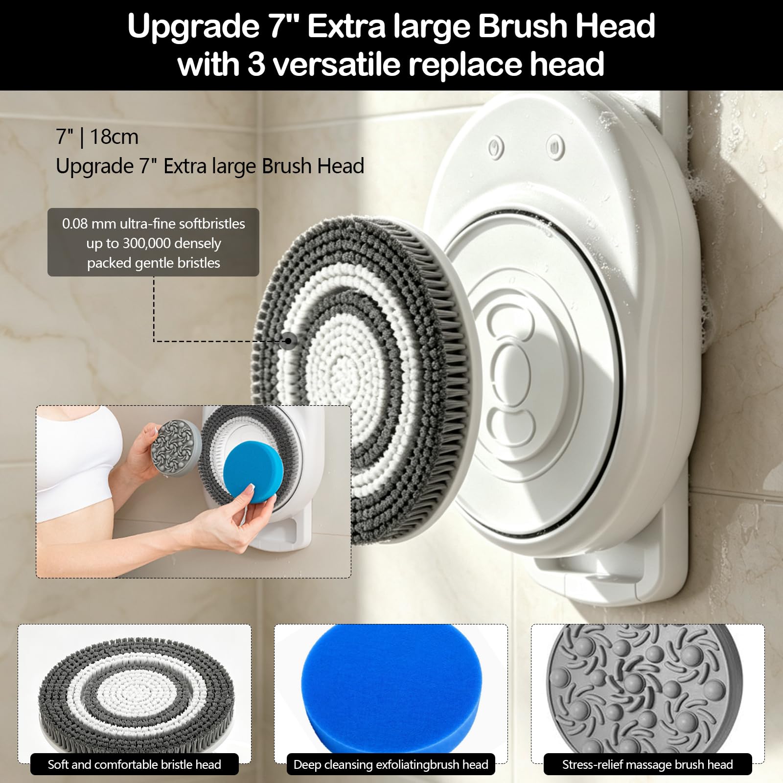 Brosse de Douche Électrique 18cm, Murale, 5200mAh, 3 Têtes