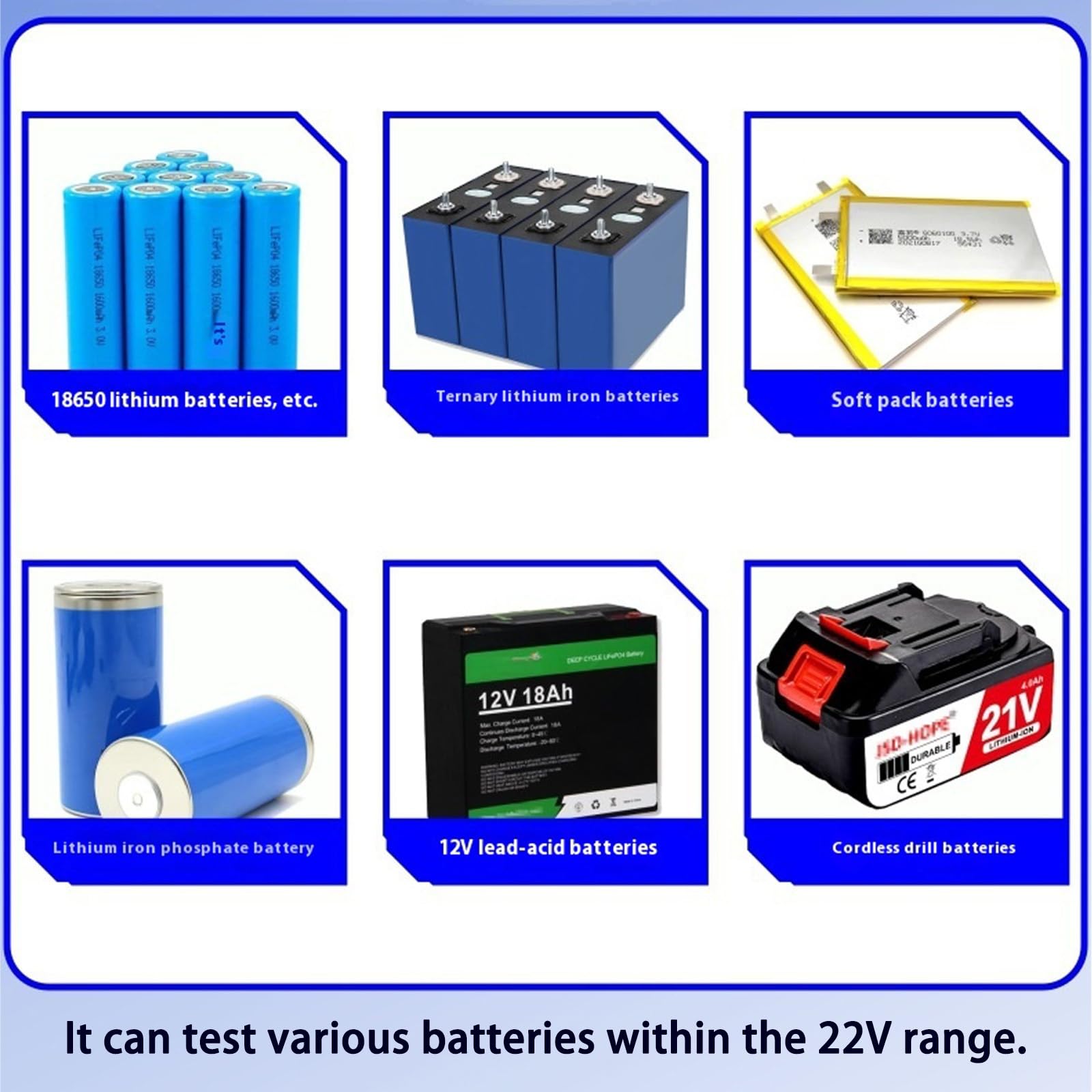Comprobador de batería de 22 V con carga electrónica integrada, medidor de capacidad de carga/descarga, cargador de batería multifunción y descargador