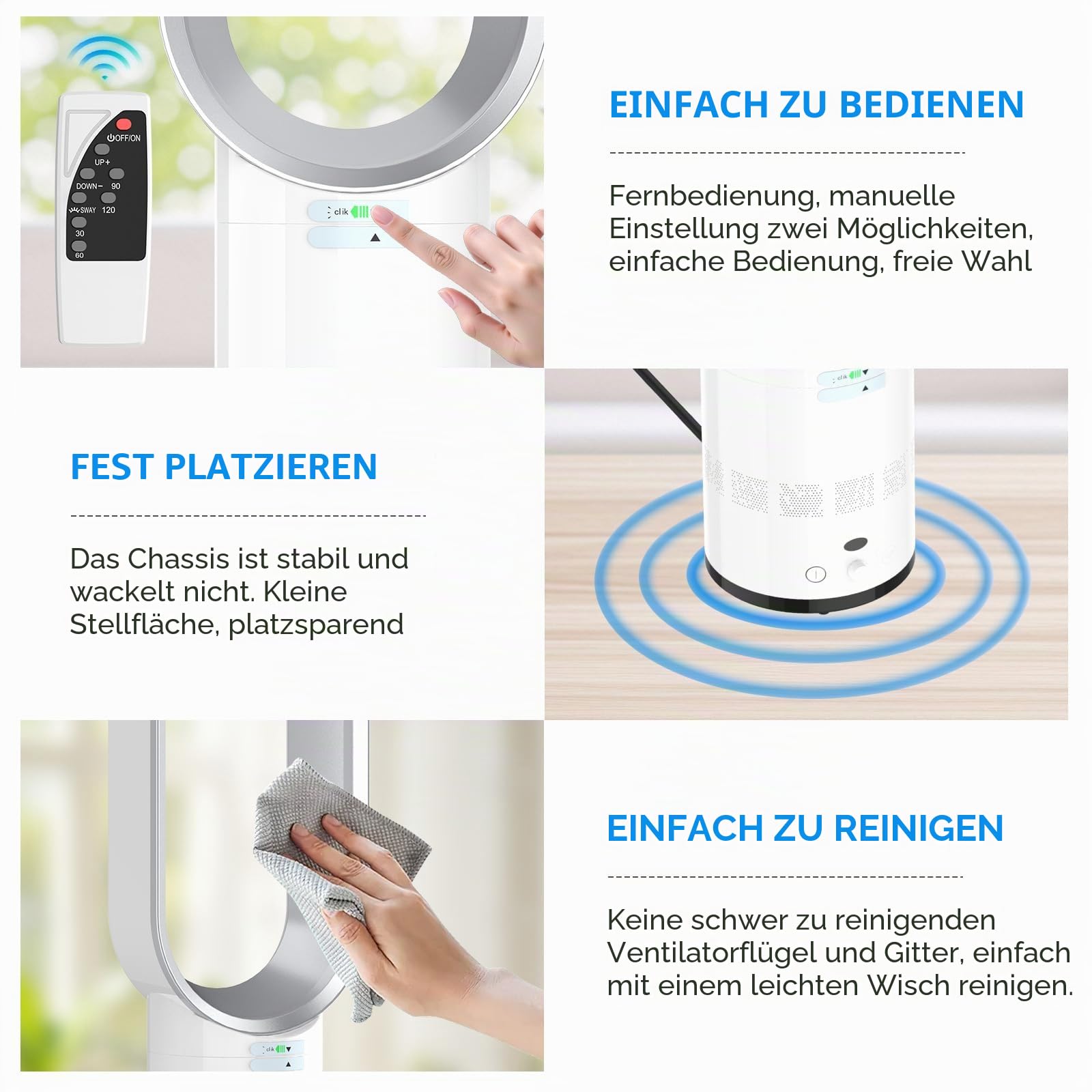 Eznaobo Blattloser Turmventilator mit Luftreiniger, 25,7-Zoll Leiser Turmventilator für das Schlafzimmer, 80°-Schwenkfunktion, 2-Stunden-Timer, tragbarer Standventilator, blattlose Ventilatore (grey)