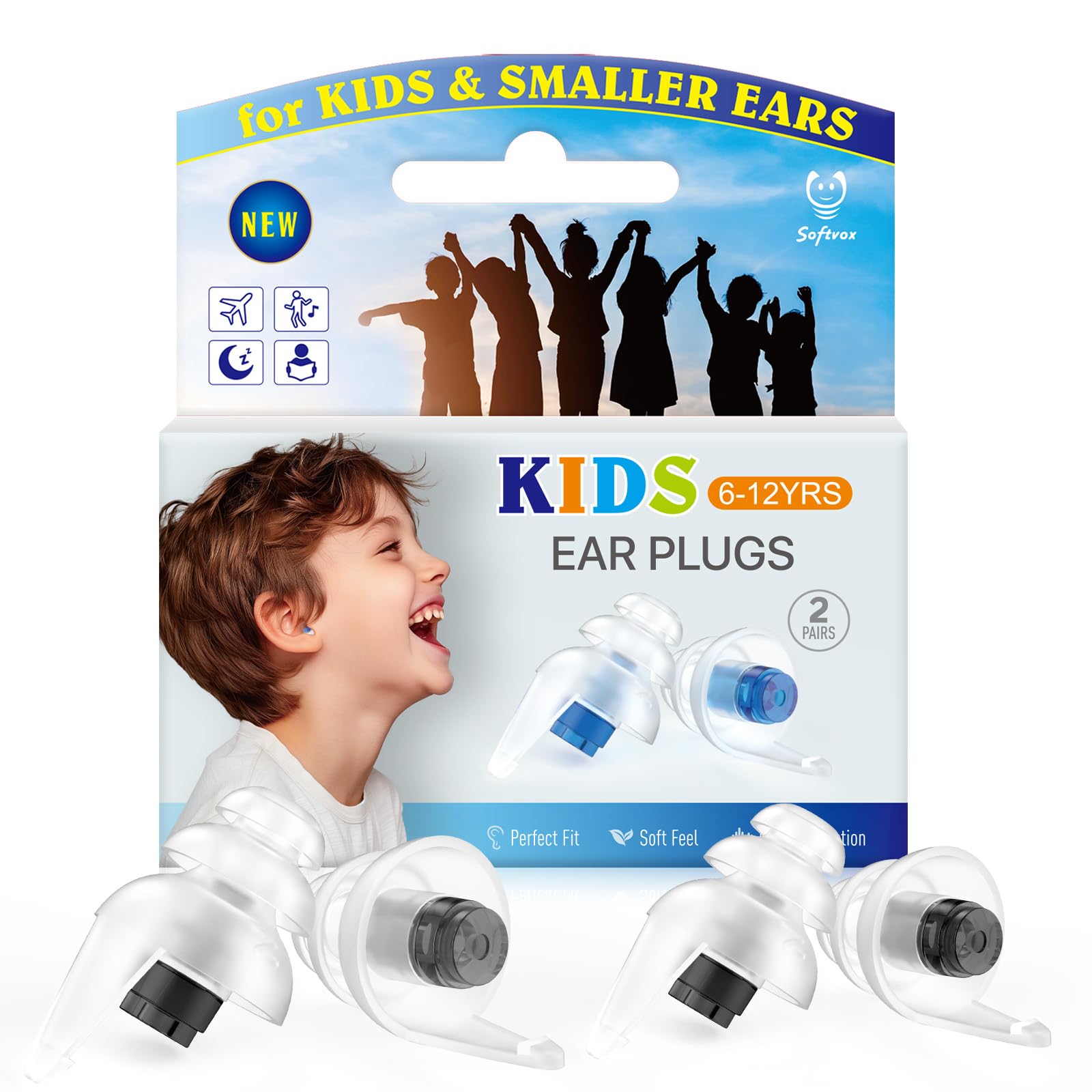 softvoxKids Ear Plugs 2 Pairs, Reusable Noise Reduction Hearing Protection for Airplane, Focus, Studying, Travel, Concerts, Noise Sensitivity, Fireworks, 2 Sizes, W-BK