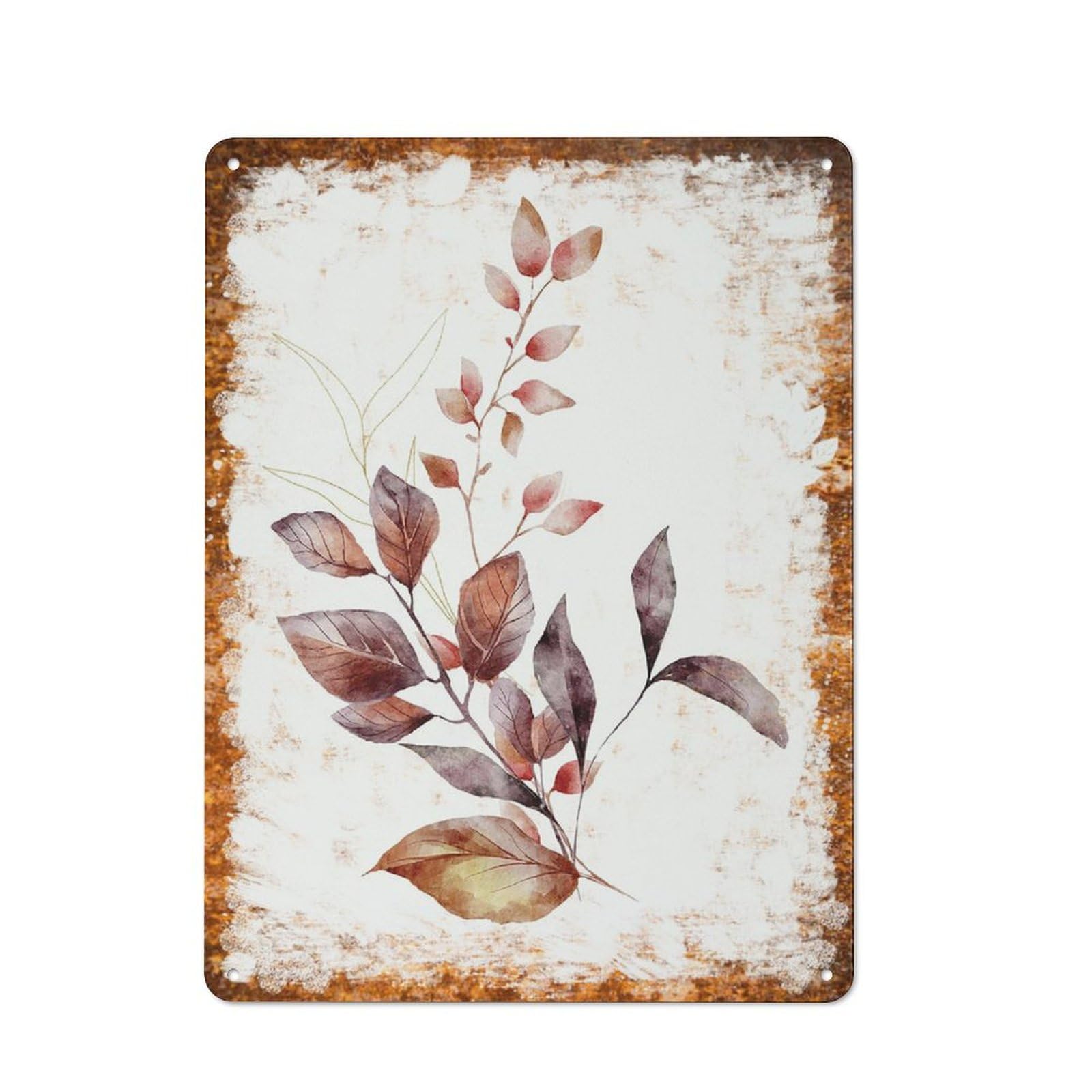 peiyeety Metal Tin Sign Retro Distressed Vintage Rustic Metal Red Brown Leaf Branch Watercolor Print Wall Art Decor for Home Kitchen Bedroom Bathroom Farmhouse Living Room Office Apartment 6x8 INCH