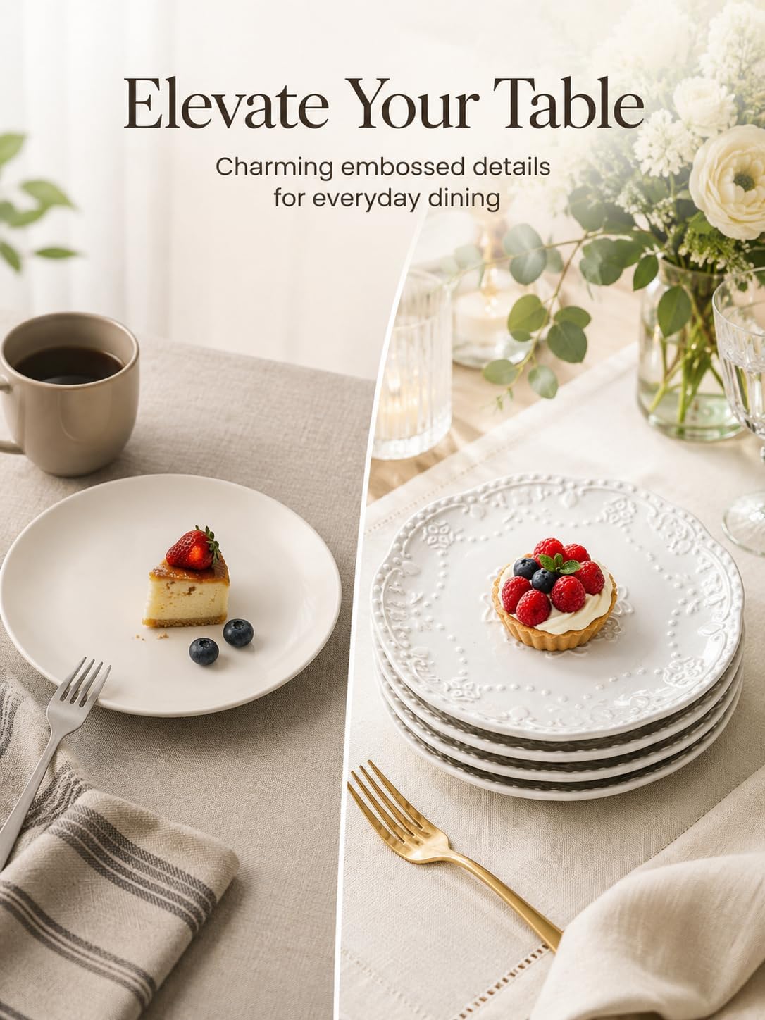 White Small Dessert Plates Set of 4,Ceramic Dinner Plates 6 Inch for Appetizer, Fruits, Cake, Salad,Microwave Safe,Christmas Gift