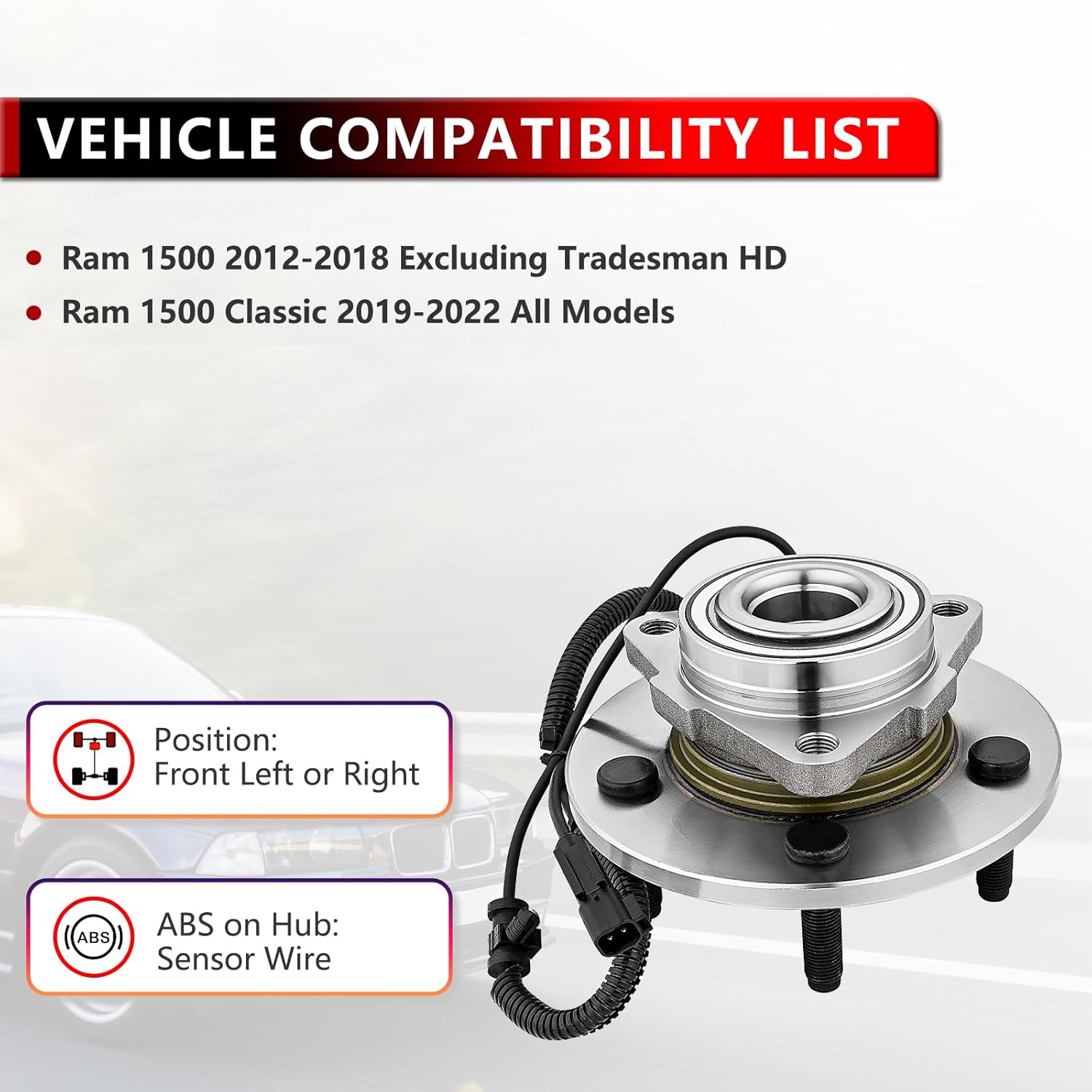 Pair 515151 Front Wheel Bearing Hub Assembly for Dodge Ram 2012-2018, Hub Bearing for Ram 1500 Classic 2019-2022 with ABS 5 Lugs