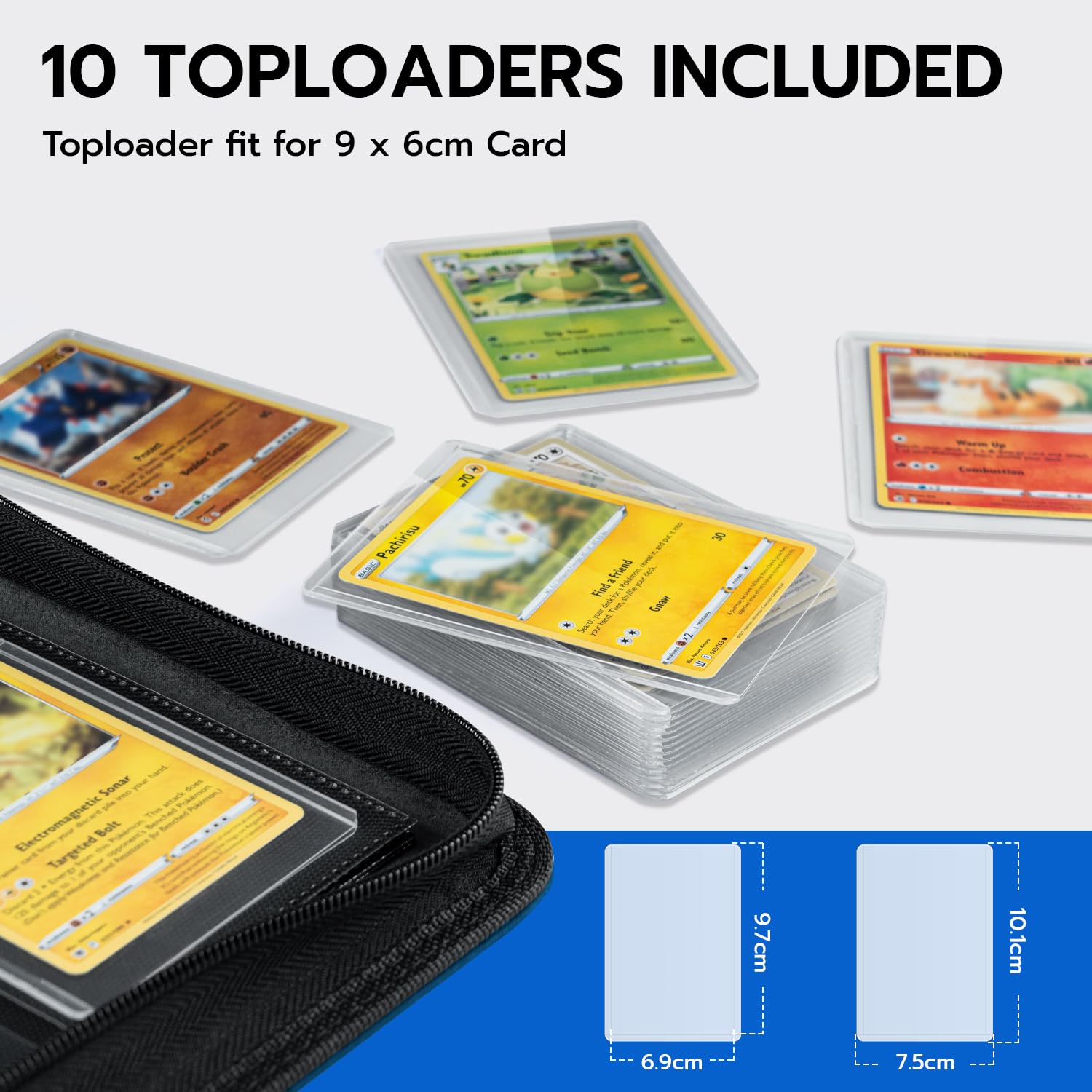 Toploader Album na karty kolekcjonerskie 216, 9 przegródek, 10 sztuk 35PT, segregator do TCG, MTG, niebieski denim