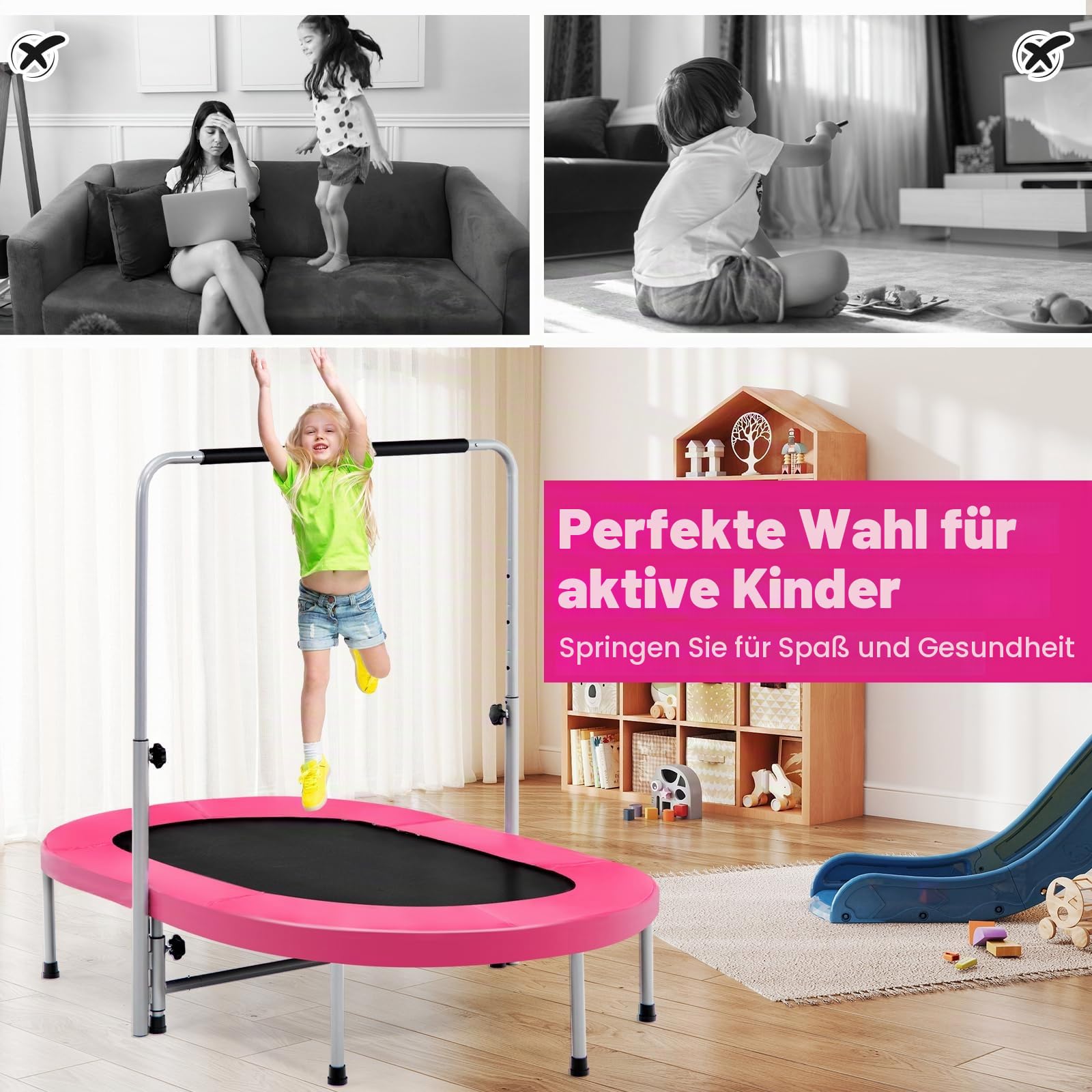LIFEZEAL Trampolin für 2 Personen, Faltbares Doppeltrampolin mit Armlehnen, Ovales Sporttrampolin mit verstellbarem Griff, Fit Indoor Fitness Trampolin für Kinder und Erwachsene