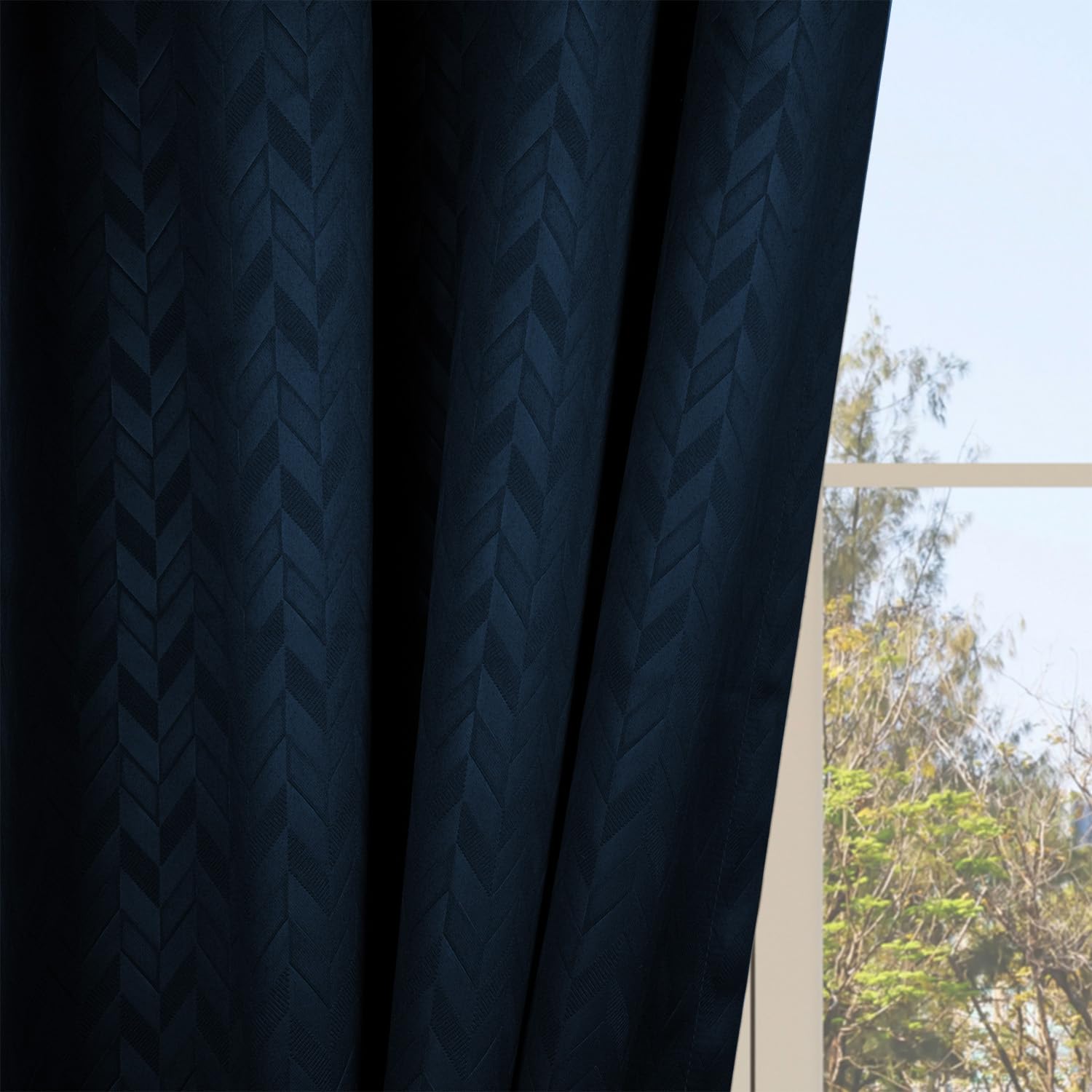 LINENWALAS 100% True Blackout Curtains 9 Feet Long - Set of 2 Panels, Herringbone Embossed Design Complete Light Block Thermal Insulated & Noise Reducing Room Darkening Curtains (Navy Blue)