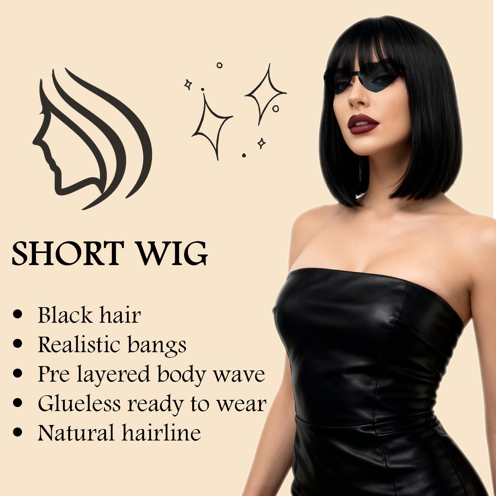Parrucche da Festa e Occhiali da Sole per Donne Ragazza, 12 Pollice/ 30 cm Nero Lisci Parrucca Caschetto Bob Corto con Frange Sintetico Capelli per Costume Cosplay Halloween (Nero)