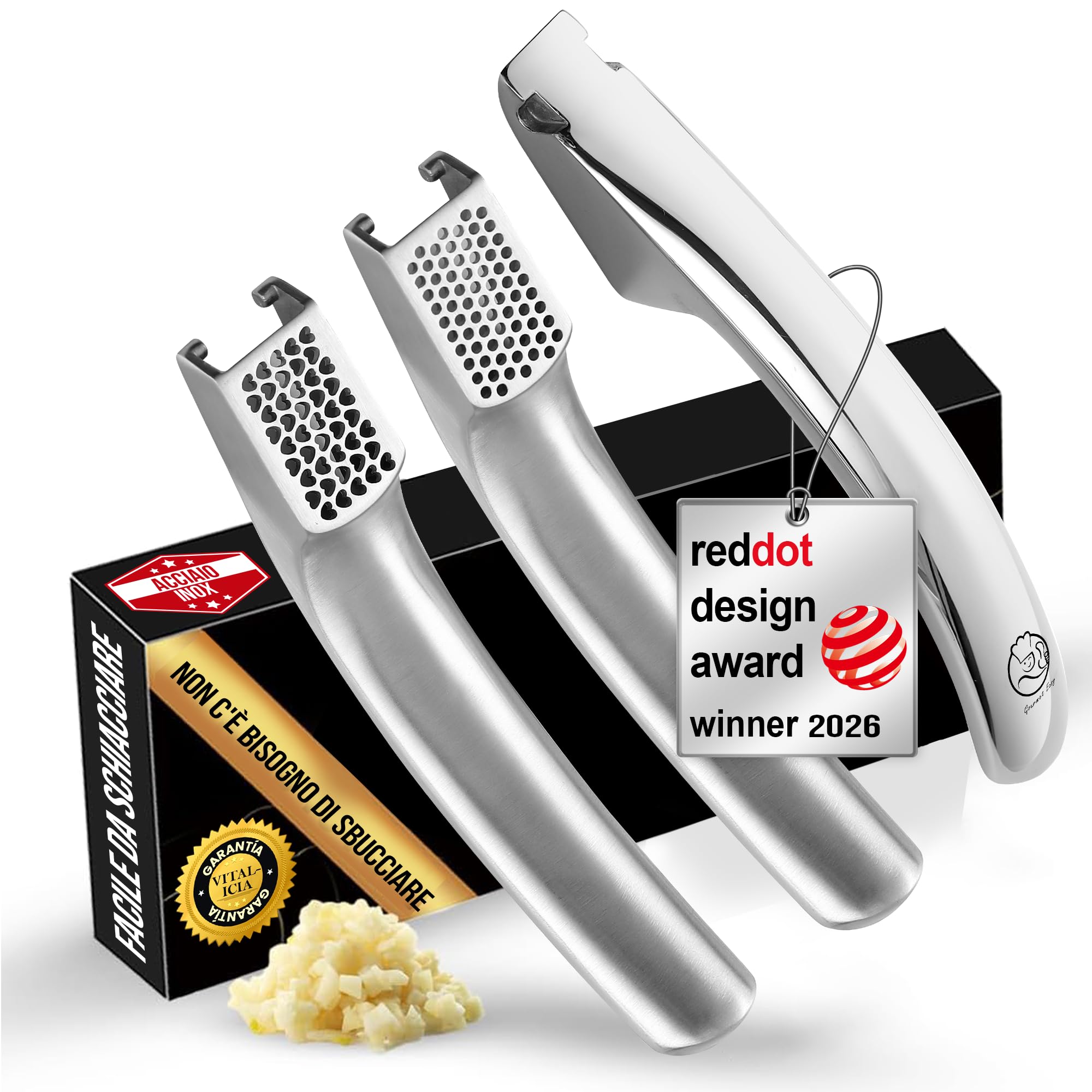 Gourmet Easy Schiaccia Aglio in Acciaio Inox, 2 Inserti, Cambio a Vita