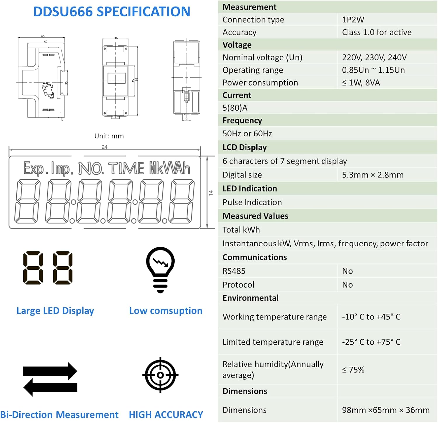 Detailed specification table and display segments of the DDSU666