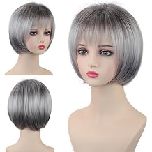 TISHINING Short Gray Bob Wig with Bangs for White Women 10 Inch Layered Mix Grey Straight Bob Wig Chin Length Salt and Pepper Wigs for Women Synthetic Natural Looking Daily Party Wig