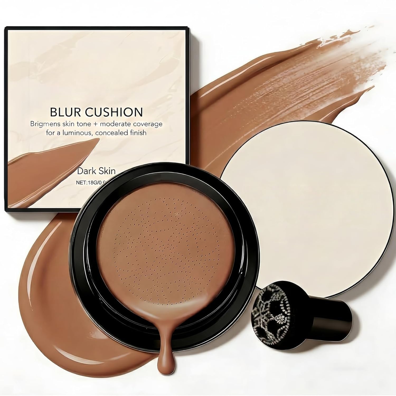 Deep Shade Cushion CC Foundation, Air Cushion CC Cream with Mushroom Head Applicator, Buildable Coverage Moisturizing Foundation, Long Lasting Natural Finish Makeup for Deep Skin Tones