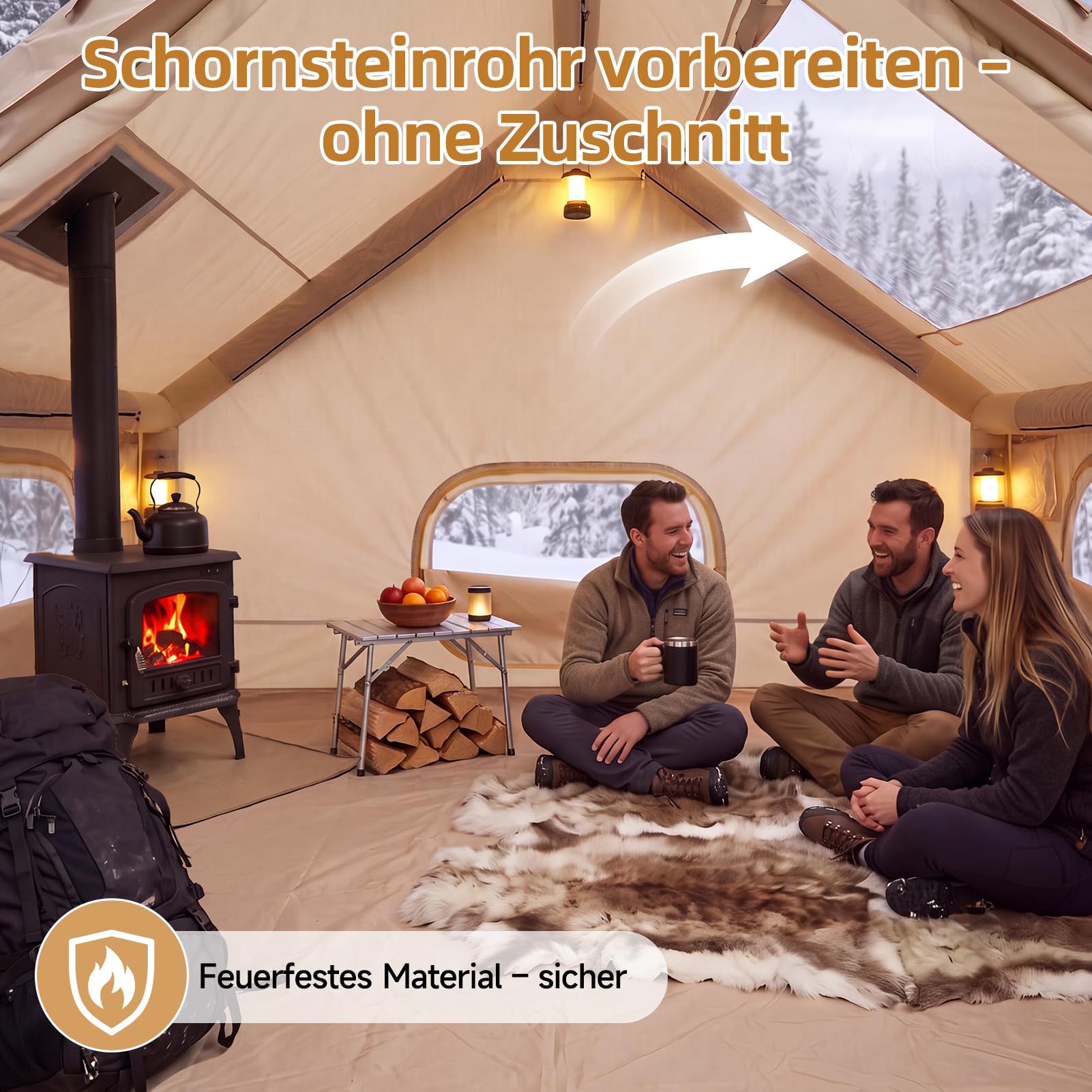 Tente gonflable avec auvent (4 à 8 personnes, beige) | Tente familiale en Oxford 210D, PU 3000 mm imperméable, UPF 30+, tente glamping 300 x 240 cm, pour camping en plein air