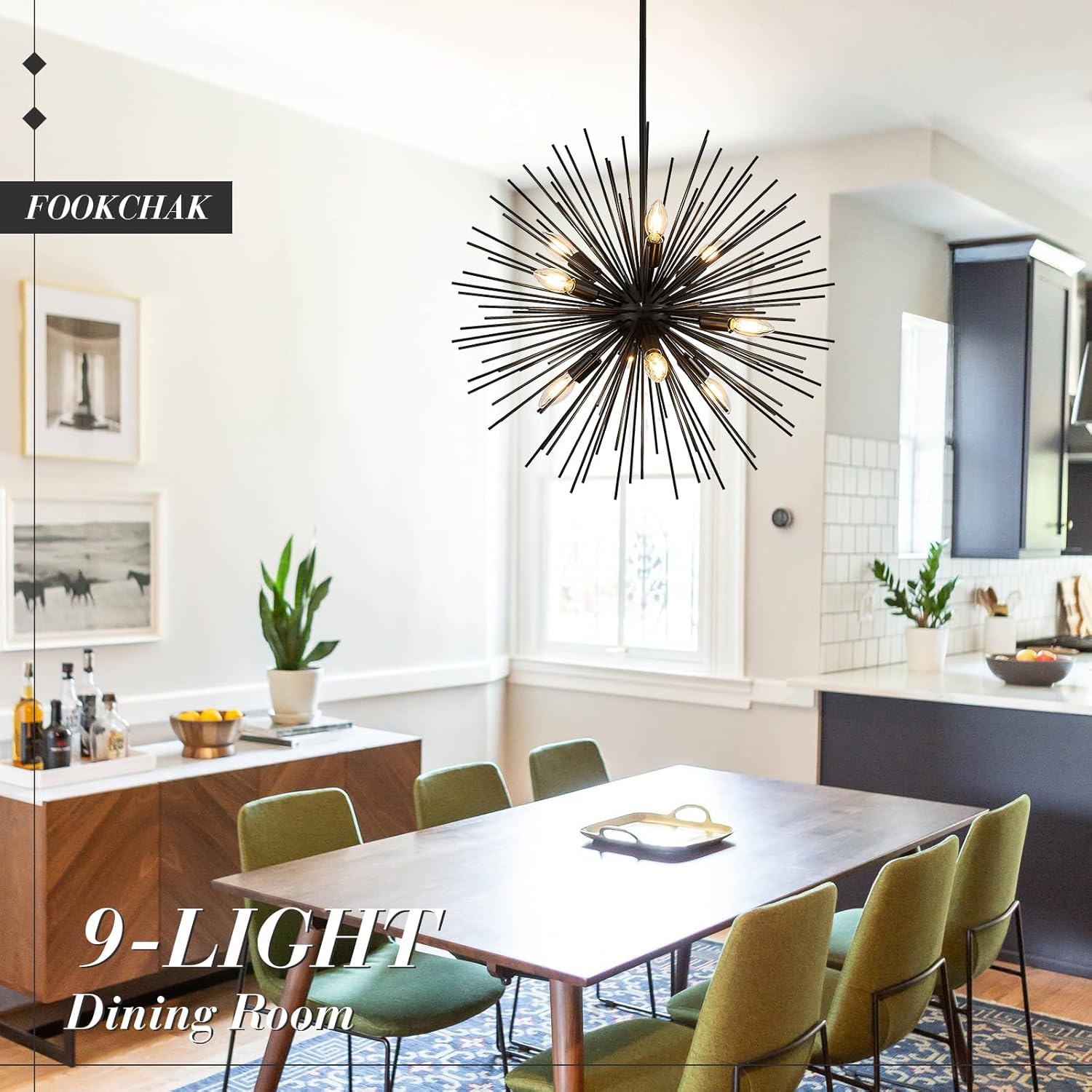 24in Black Sputnik Chandelier 9-Light Starburst Chandelier Light Fixture Solid Metal Mid-Century Modern Satellite Light Fixture for Dining Room Bedroom Bathroom Entryway Kitchen Island
