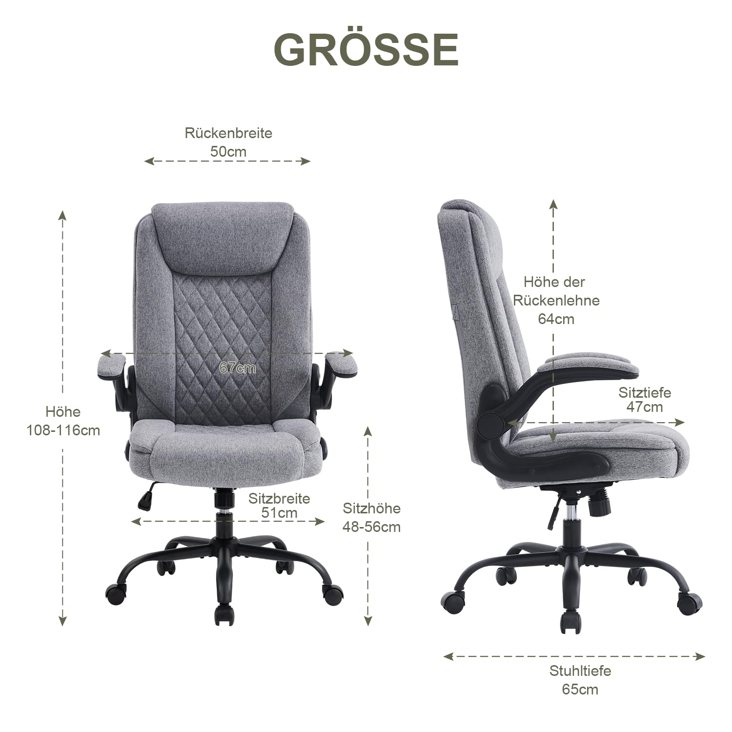 CASTLOVE Bürostuhl Ergonomisch Schreibtischstuhl Chefsessel Mit Gepolsterten Armlehnen Klappbar, Höhenverstellung, Wippfunktion und Kopfstütze Bequem für Home-Office Bürostuhl 150kg Grau Stoff
