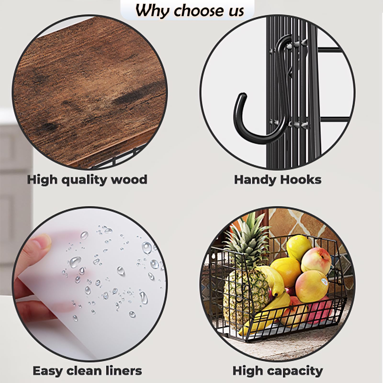 Frutero y Organizador de Cocina Plegable | Almacenaje Apilable para Mesa y Pared | con Tabla de Madera y Ganchos | Negro, Acero al Carbono