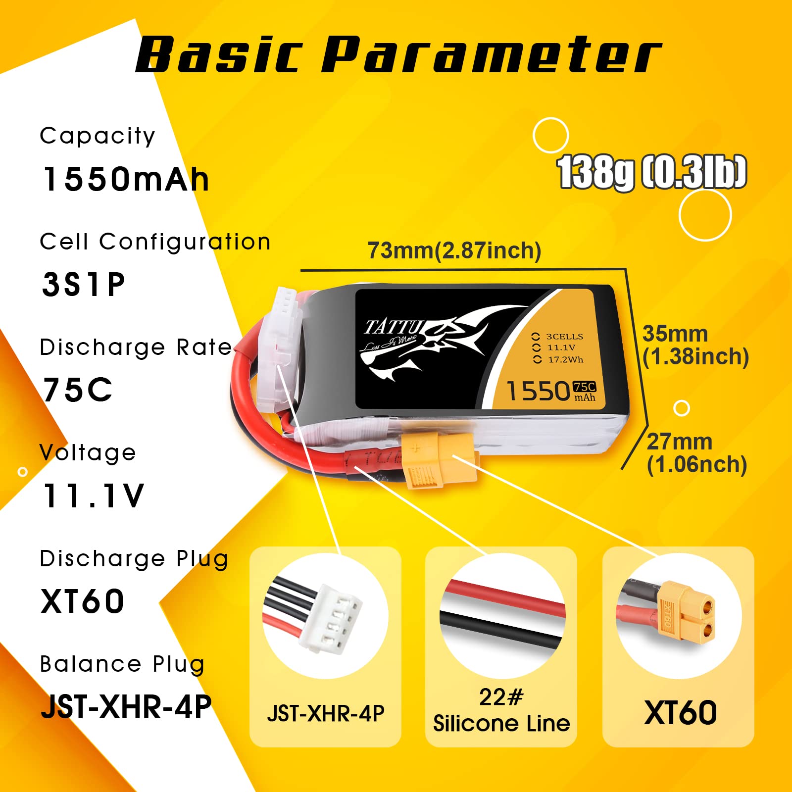 Tattu 3S LiPo akumulator 1550 mAh 11,1 V 75C XT60 do quadkopterów FPV RC