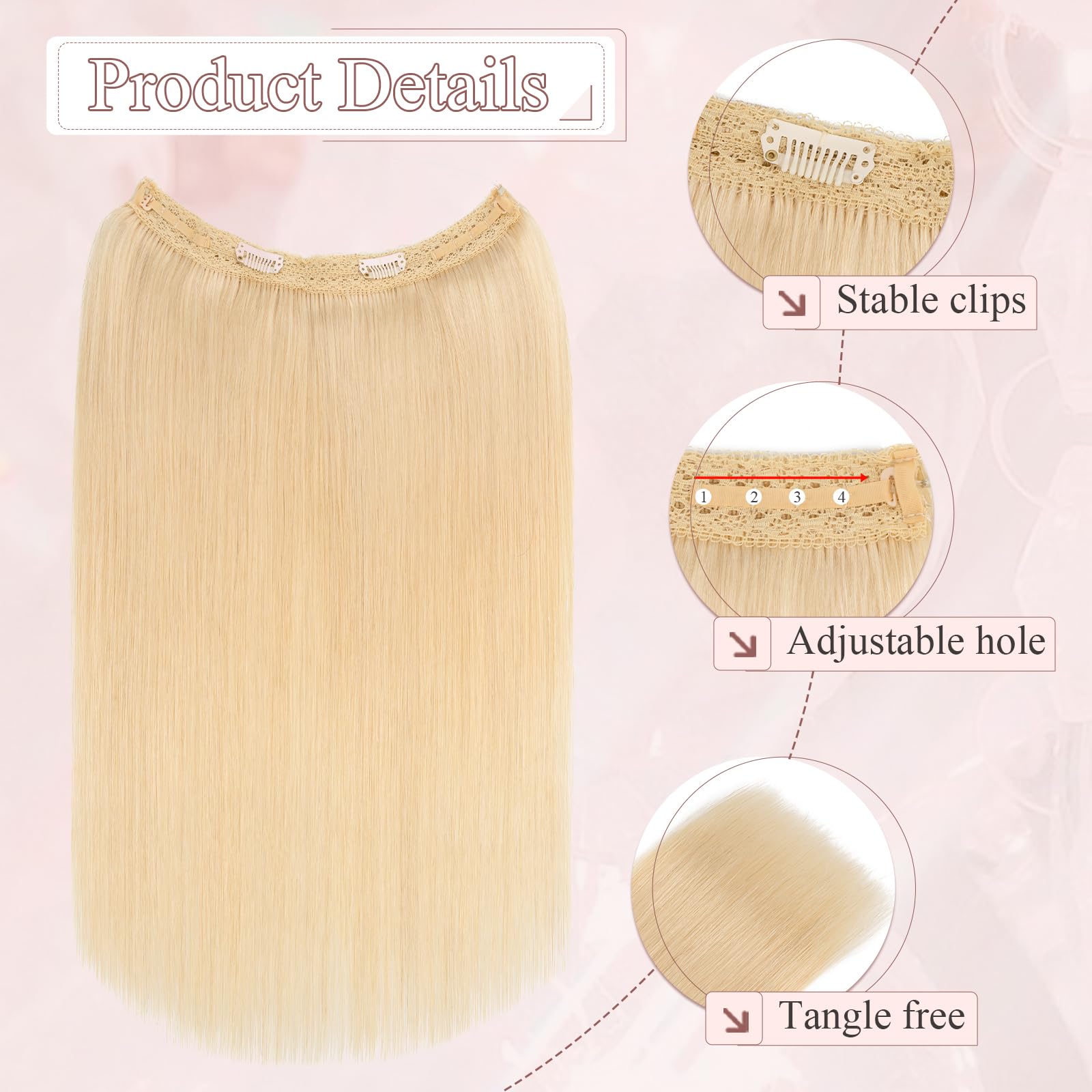 SEGOHAIR Halo Hair Extension, 45cm Verstellbare Invisible Wire Extensions Echthaar 100% Echthaar Glatt Secret Hair Extensions mit Fish Line Für Damen #60 Platinblond