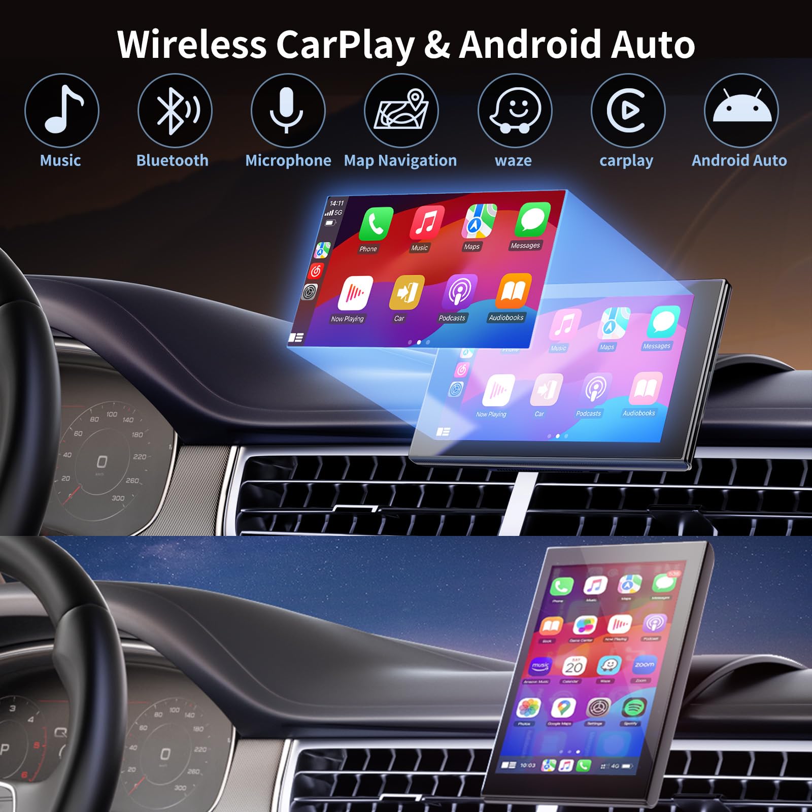 Écran Portable 7 Pouces pour Apple CarPlay et Android Auto | Écran Orientable avec Caméra de Recul, Mirrorlink, Mises à Jour OTA, Commande Vocale Bluetooth
