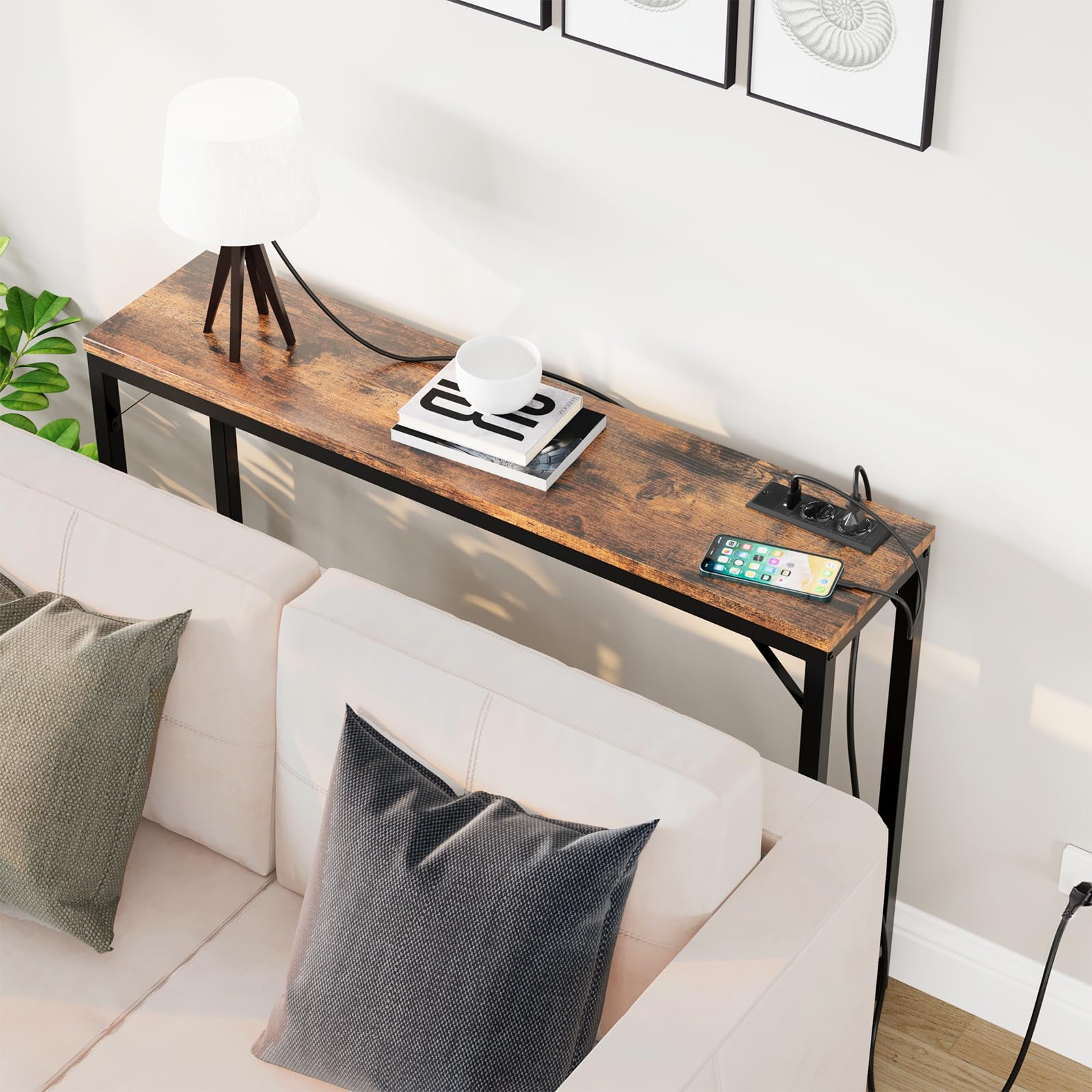Garvee Consolle Ingresso Con Stazione Di Ricarica, Tavolo Consolle Stretto In Metallo e MDF Per Soggiorno, Corridoio, 100 x 23 x 80 cm, Marrone Rustico