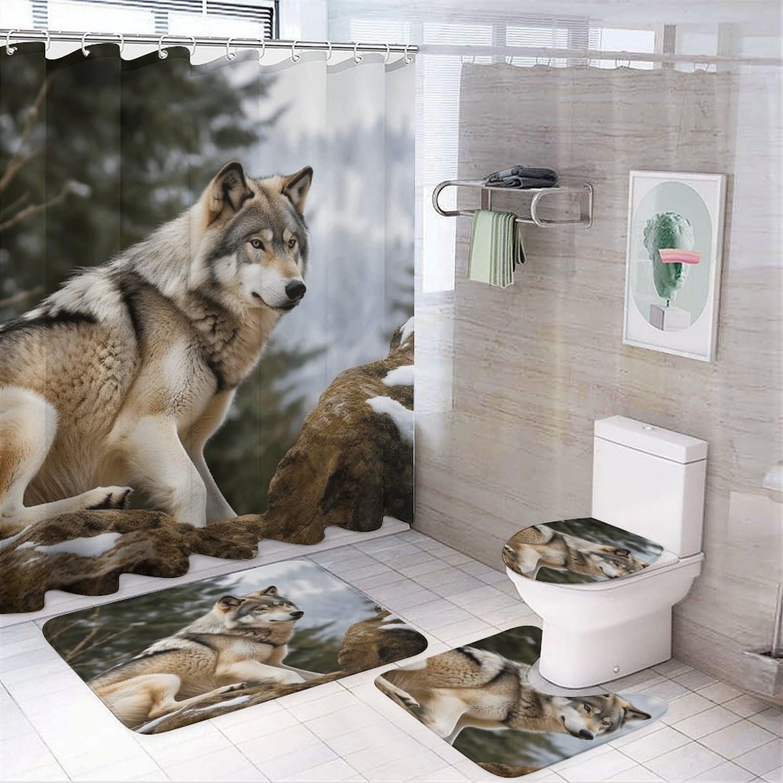 Ensemble de salle de bain 4 pièces avec rideau de douche et tapis Motif loup sauvage