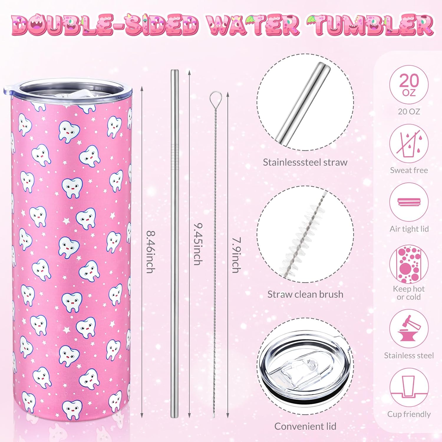 Umigy 2 Pcs Dental Hygienist Gifts 20 oz Teeth Tumbler with Lid and Tooth Sock Dental Assistant Gifts Stuff for Appreciation Week Nurse Doctor Dentist Employees Birthday Accessories(Pink) - Image 5