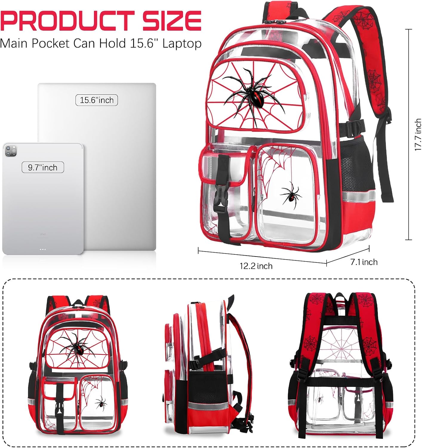 FIXITOK Spider Web Clear Backpack for Boys 3PCS with Lunch Bag Pencil Case image 2