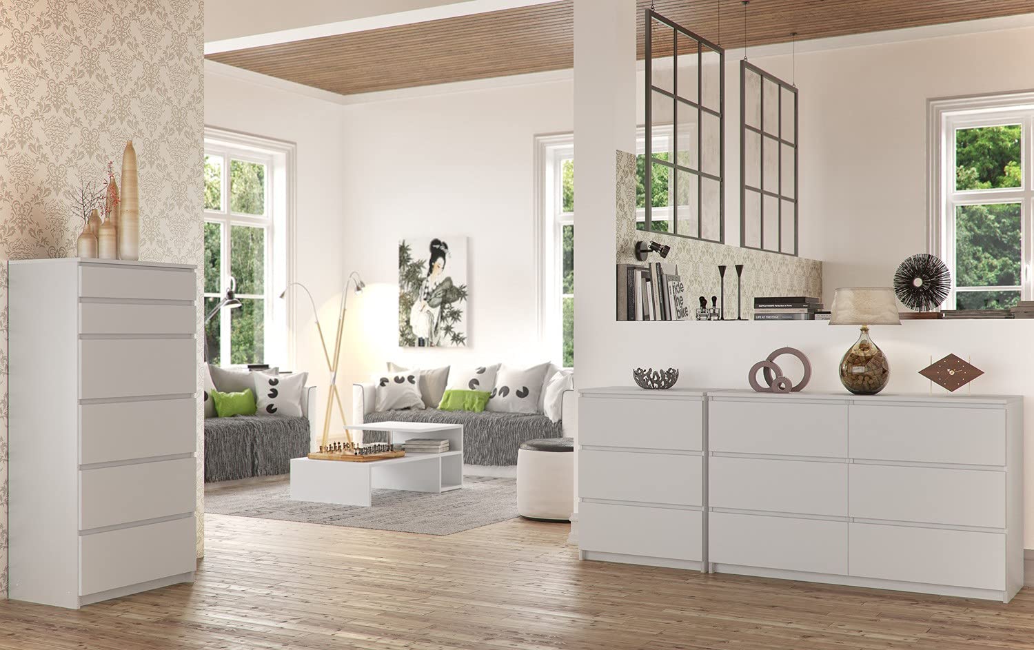 AKORD Cassettiera K60 con 6 Cassetti | Credenza Alta | Moderna Mobiletto per Soggiorno Sala da Pranzo Camera da Letto Corridoio Bagno | Armadio Cameretta | 60x130x40 cm, 43kg | Bianco
