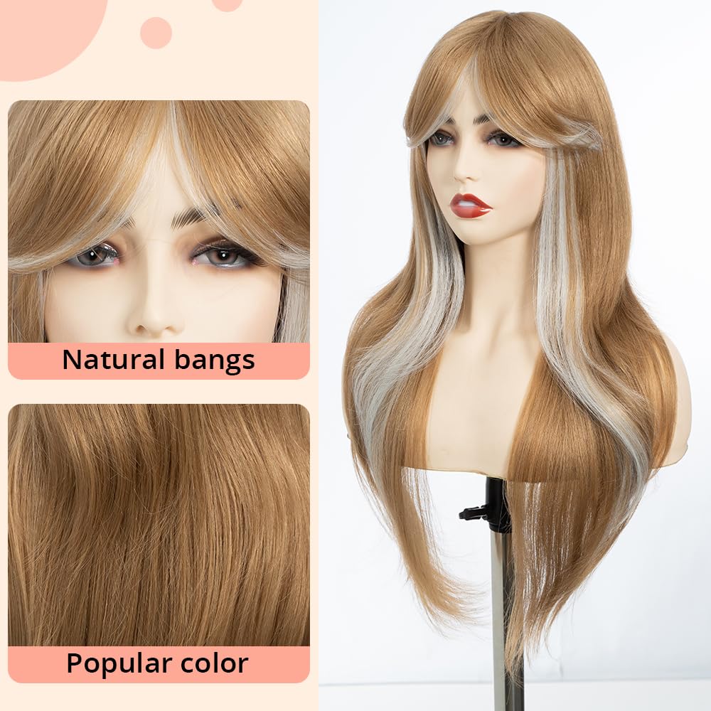 DÉBUT Long Blonde Wig With Fringe for Women Heat Resistant Synthetic Layered Hair Wigs With Bangs for Daily Party Cosplay Use(26 inches - Image 3