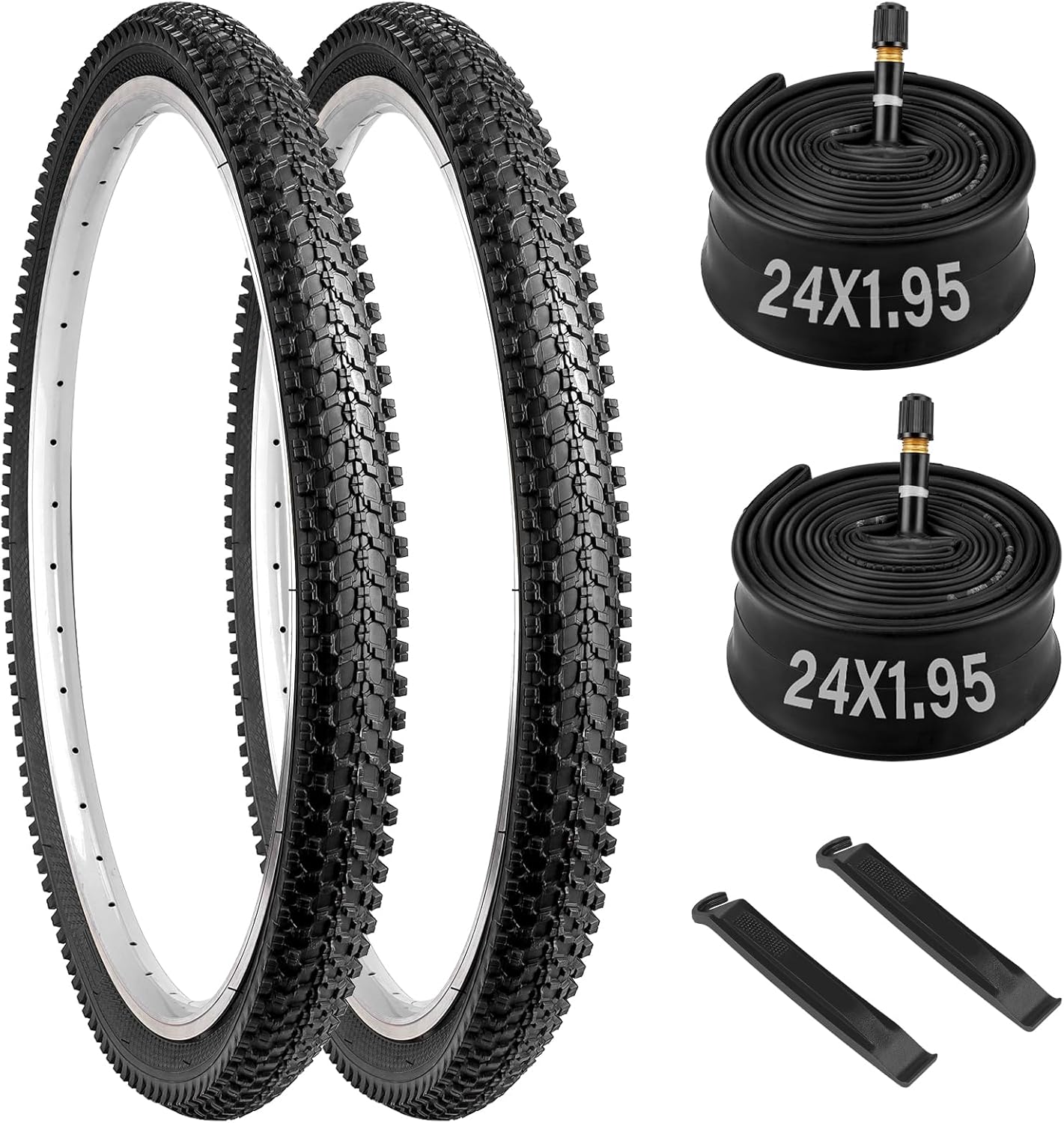 2 Pack 24x1.95 Bicycle Tire and Tube, 24 x 1.95 Mountain Bike Tire Set with Schrader Valve, 24 Inch Bike Tire with 2 Tire Levers, for 24 x 1.75/1.95/2.0/2.10/2.125" MTB, BMX, Off-Road Bike
