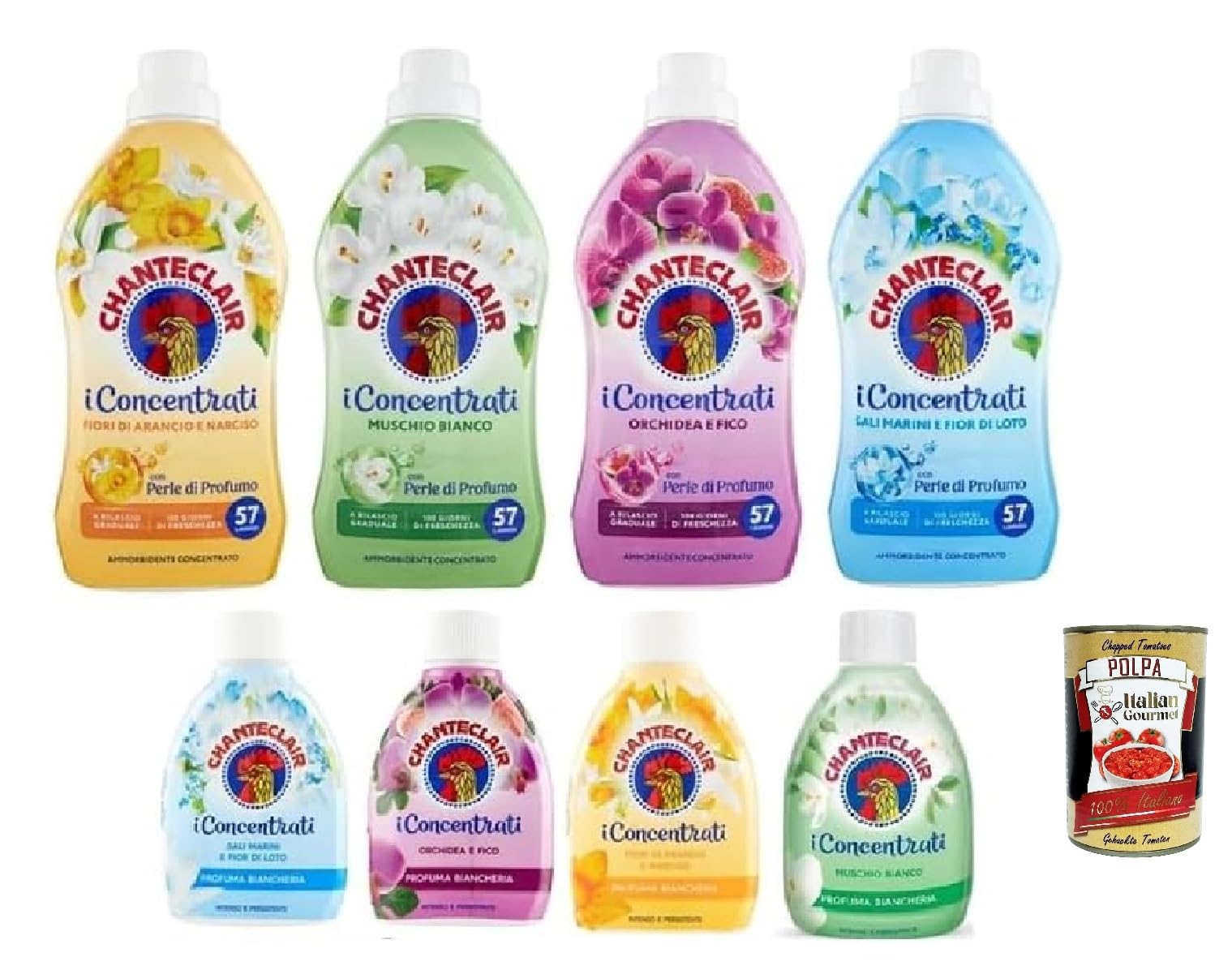 Chanteclair I Paquete de prueba concentrado suavizante concentrado + perfume para ropa – 4 x 220 ml + 4 x 1140 ml + Polpa gourmet italiana 400 g