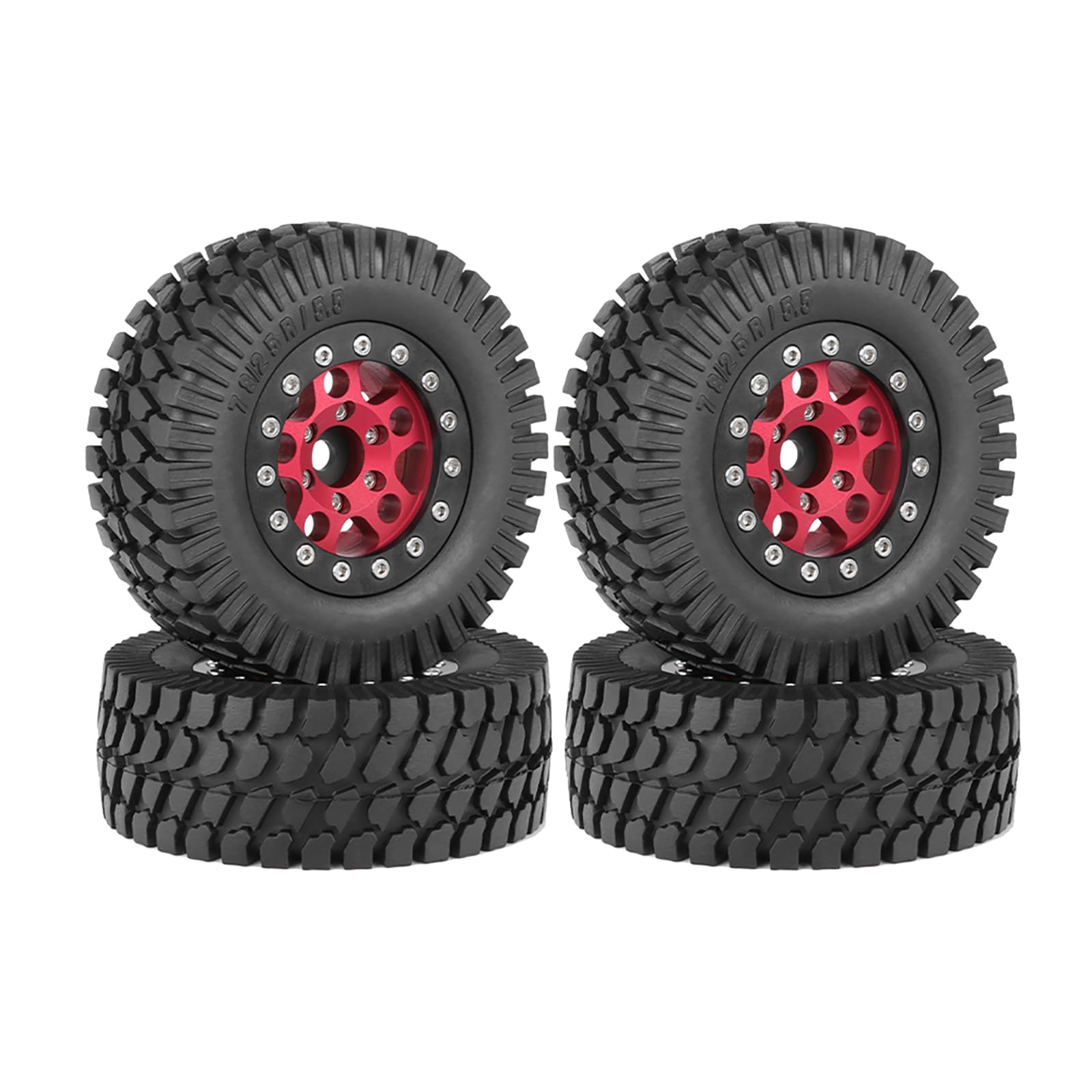 KINGCOO 4PCS 1.55Inch Aluminum Alloy Metal 5Spoke Beadlock Wheel Rims and Rubber Tires Set for 1/10 RC Rock Crawler Car for Axial AX90069 UTB18 D90 TF2 Tamiya Upgrade Parts (Red, 76MM-B)