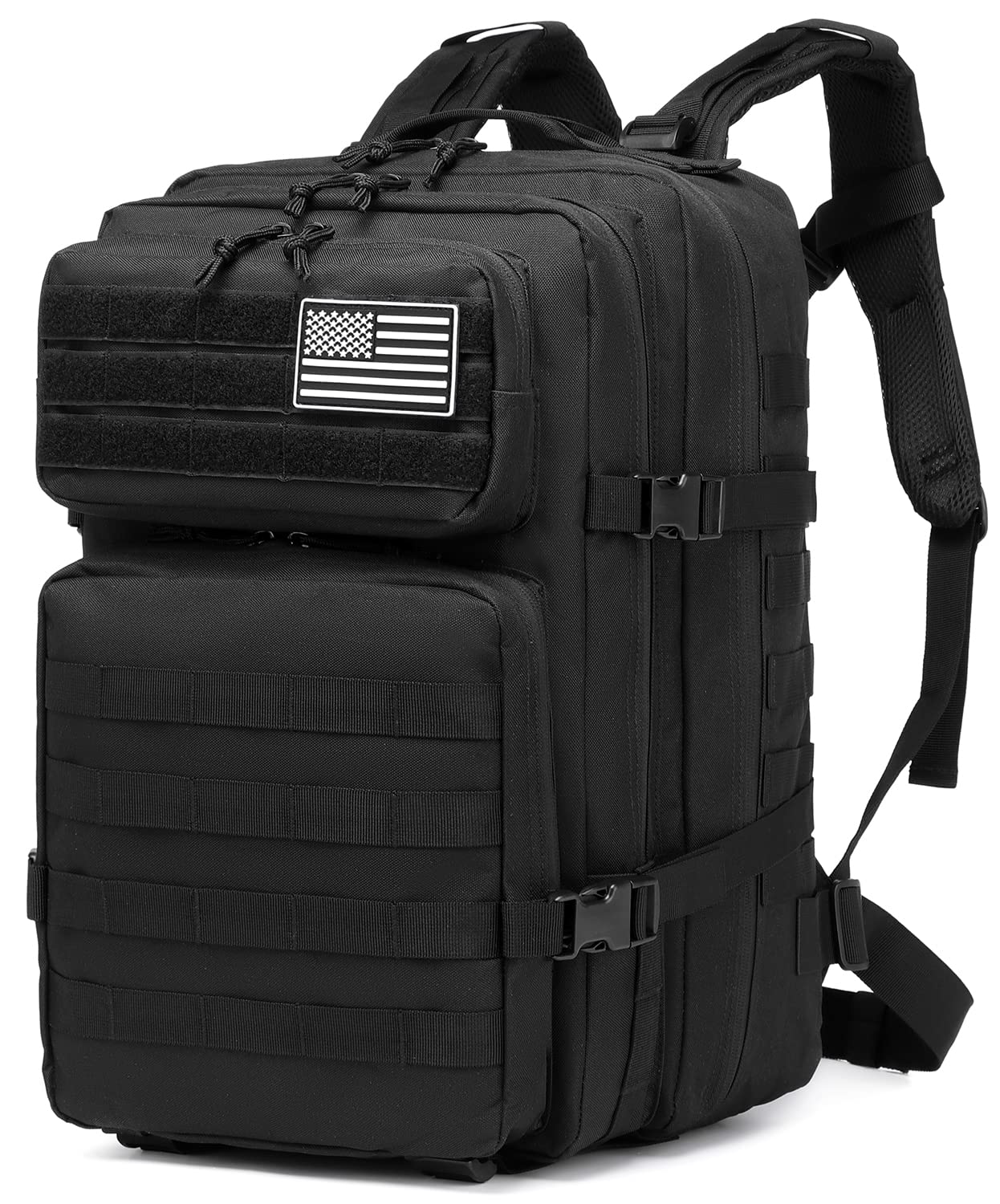 ATBP Military Tactical Molle Rucksack Backpack 45 Liters Hiking Daypack for Travel Hunting Camping, Black +, L, Travel Backpacks