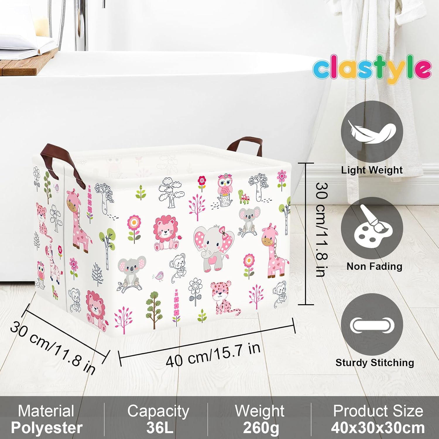 Clastyle Cute Forest Animal Laundry Basket Elephant Lion Kids Clothes Book Storage Basket Gift Toy Box for Bedroom Decor,Pink,40x30x30 cm
