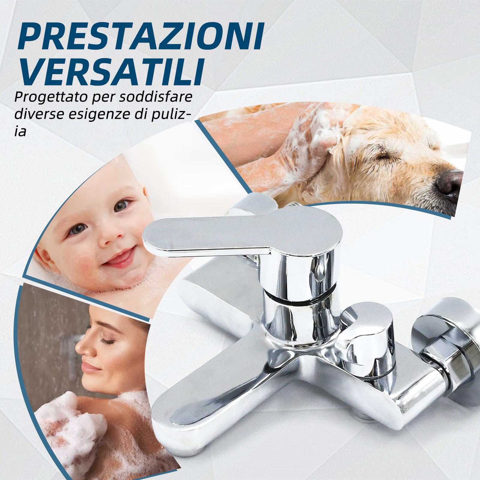 Rubinetto per vasca da bagno, montaggio a parete, miscelatore monocomando con beccuccio doccia da 1/2", superficie cromata (moderna)