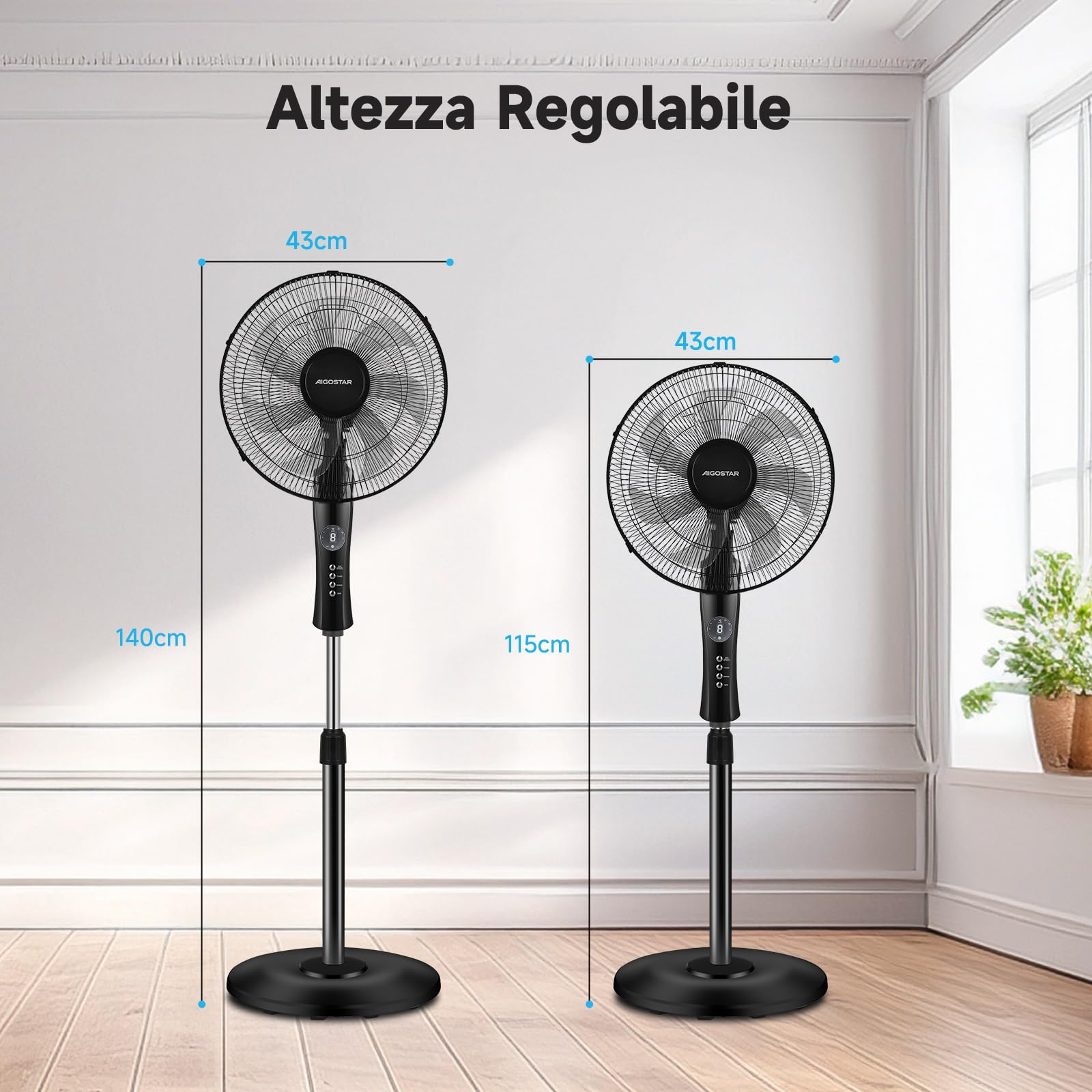 Aigostar Ventilatore a Piantana Potente da 55W con Telecomando, 7 Pale Ventilatore Silenzioso, 3 Modalità e 3 Velocità, Oscillazione 70°, Altezza Regolabile fino a 140 cm, Base Rotonda, Nero