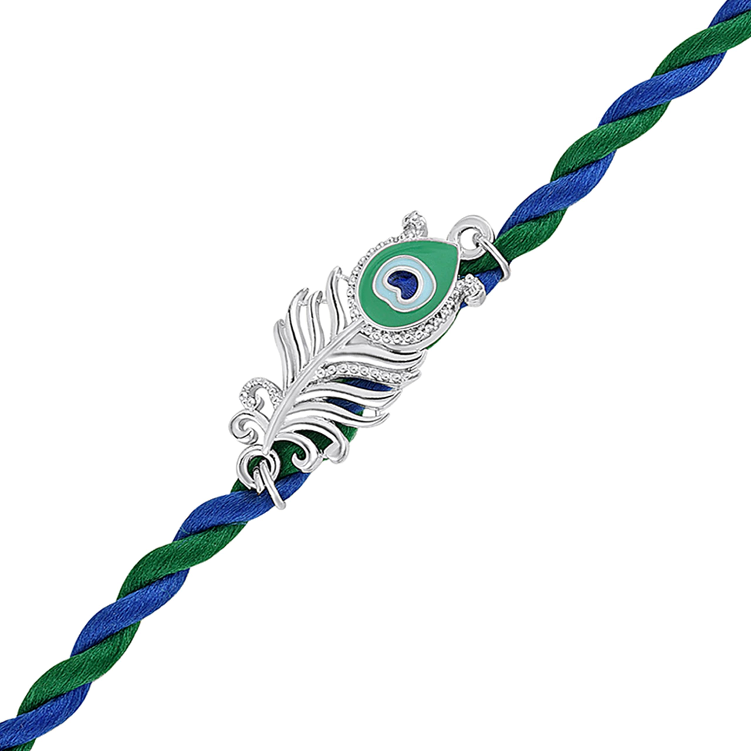 Peacock-Feather-Theme Rakhi for Brother | Krishna Mor Pankh Design on Blue-Green Braided Thread (RA1100839R)-image-31