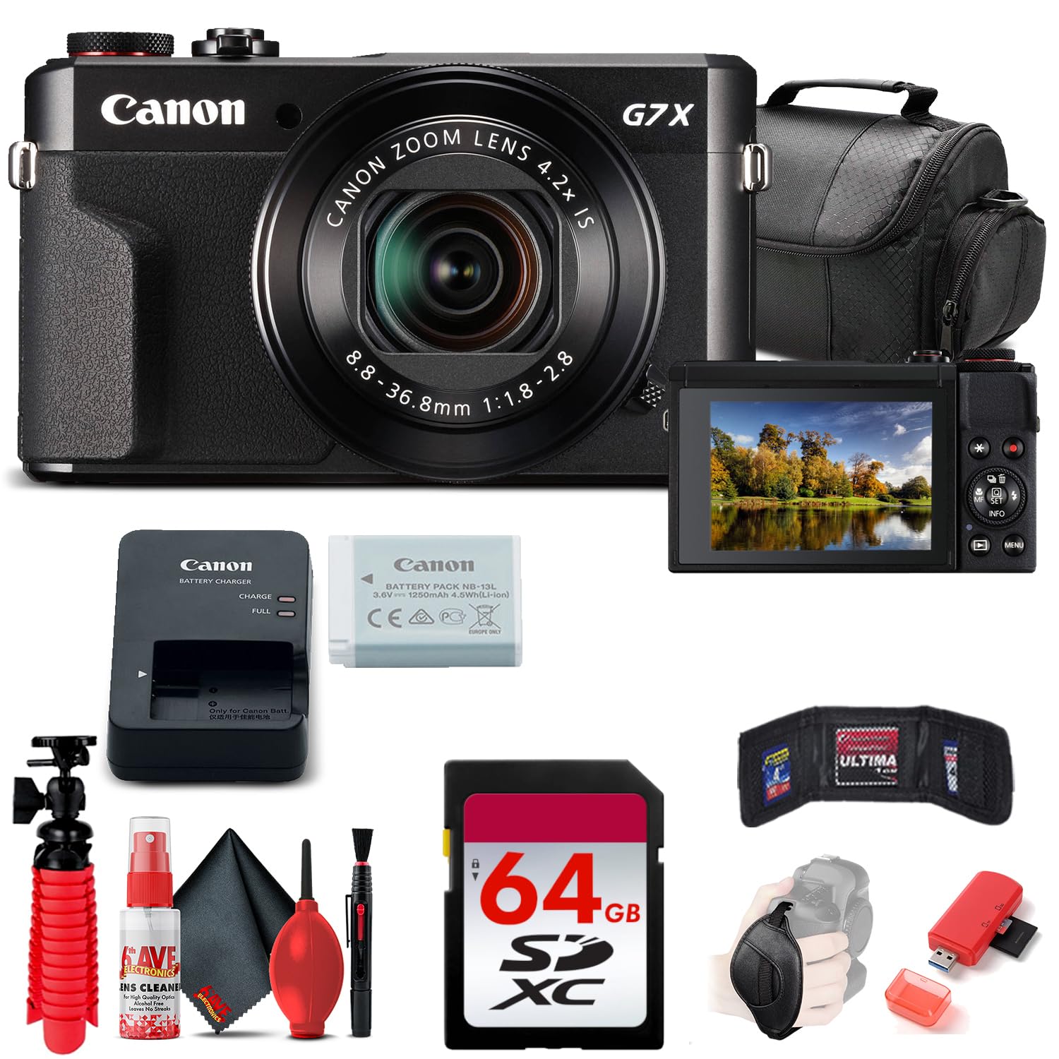 Canon PowerShot G7 X Mark II Digital Camera (1066C001), 64GB Memory Card, Card Reader, Soft Bag, Flex Tripod, Hand Strap, Memory Wallet, Cleaning Kit (Renewed)