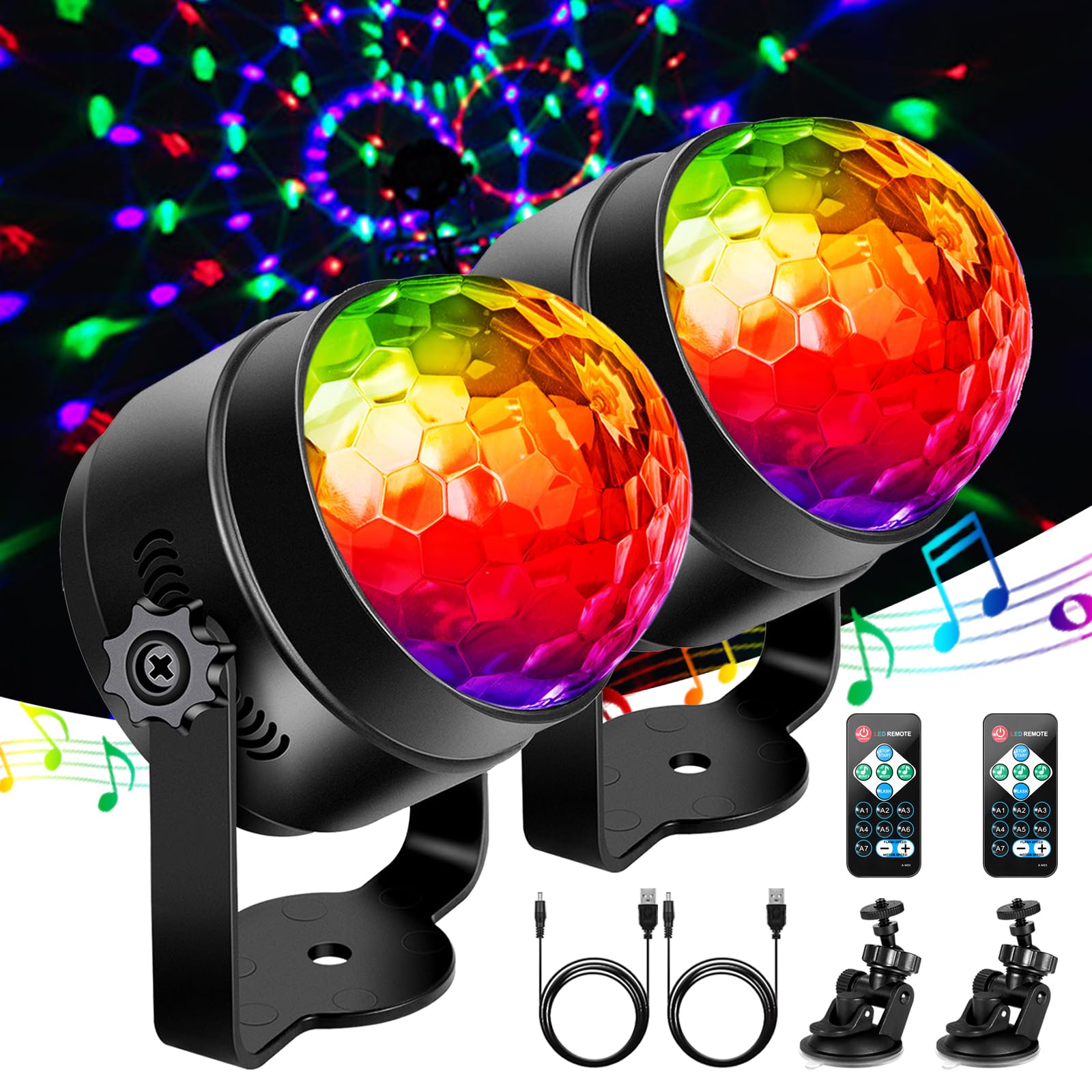 Auton 2 Packungen Discokugel 360° drehbares LED-Discolicht mit Musikaktivierung und Fernbedienung 3 W RGB-Partylicht mit dynamischen Lichteffekten und 4 m USB-Kabel