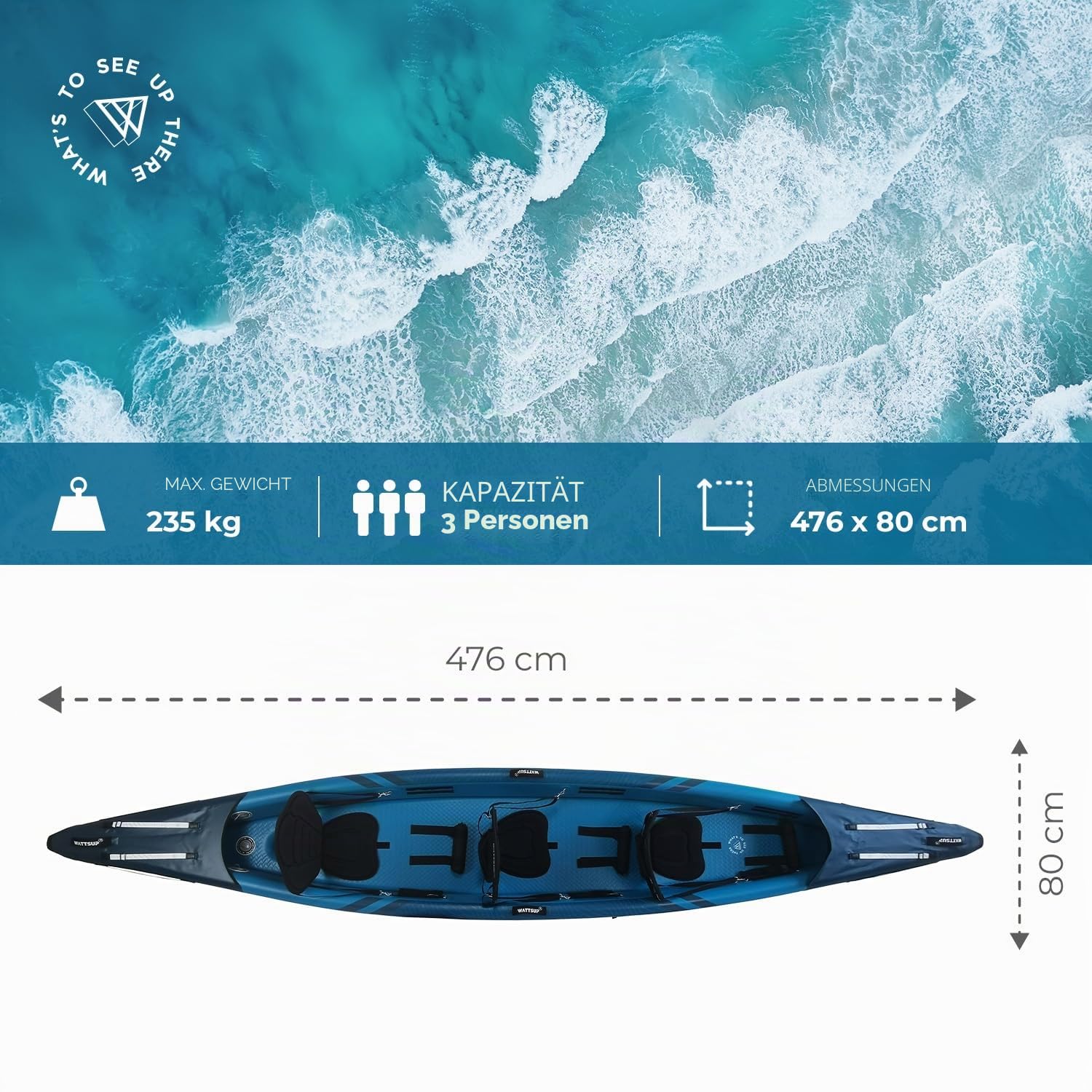 Wattsup - Aufblasbares Kajak – Serie Torpedo 3-Sitzer – 476 x 80 cm (15'6 x 31 Zoll) – 100% Hochdruck/Dropstitch – Komplettpaket: Doppelsitzpaddel, Pumpe, Transporttasche – bis zu 235 kg – Blau