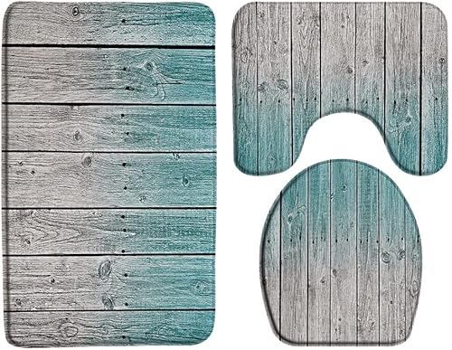 Juego de 3 tapetes de baño rústicos para puerta de granero, estilo vintage, color verde azulado y gris, tablero de madera, tapete de baño