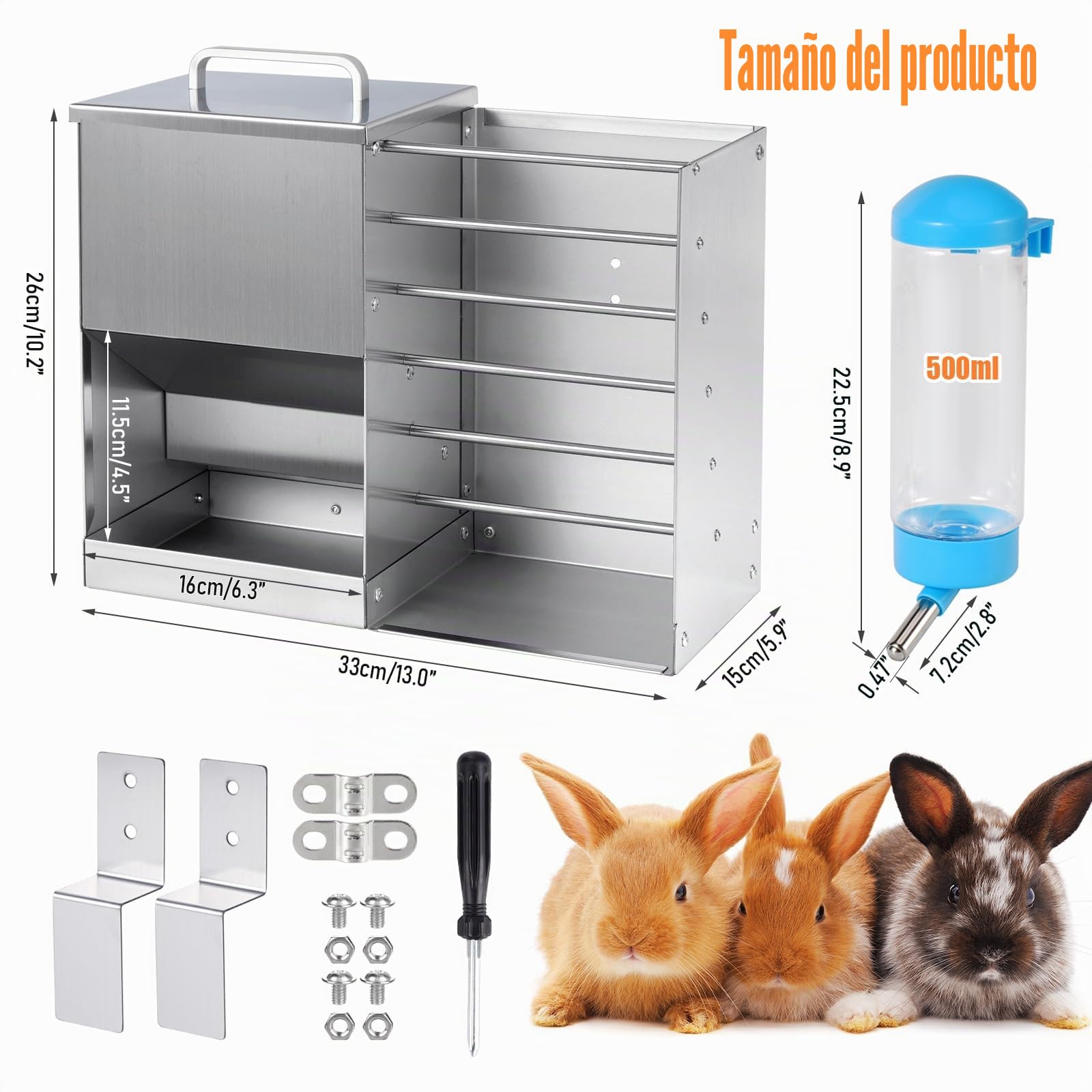 Comedero Automático para Conejos para Jaula 2 en 1 con Botella de Agua de 5 litros, Comedero Automático para Conejos de Acero Inoxidable, para Cobayas, Chinchilla, Otros
