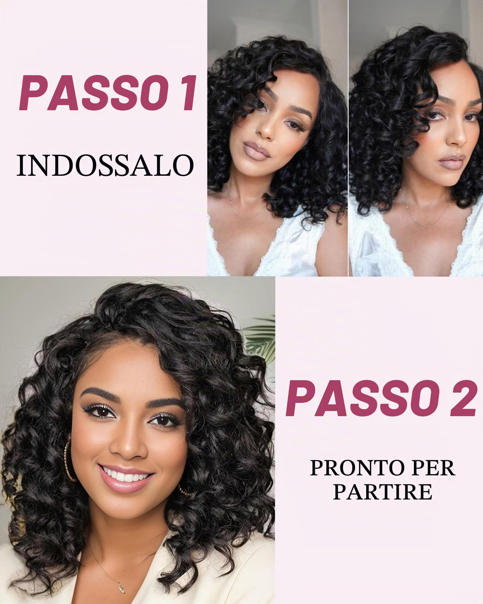 FASHION IDOL Parrucche corte di capelli umani ricci per donne che indossano e andano Deep Wave pizzo anteriore parrucca C parte 12" parrucca Pre spennato con capelli del bambino nero naturale densità