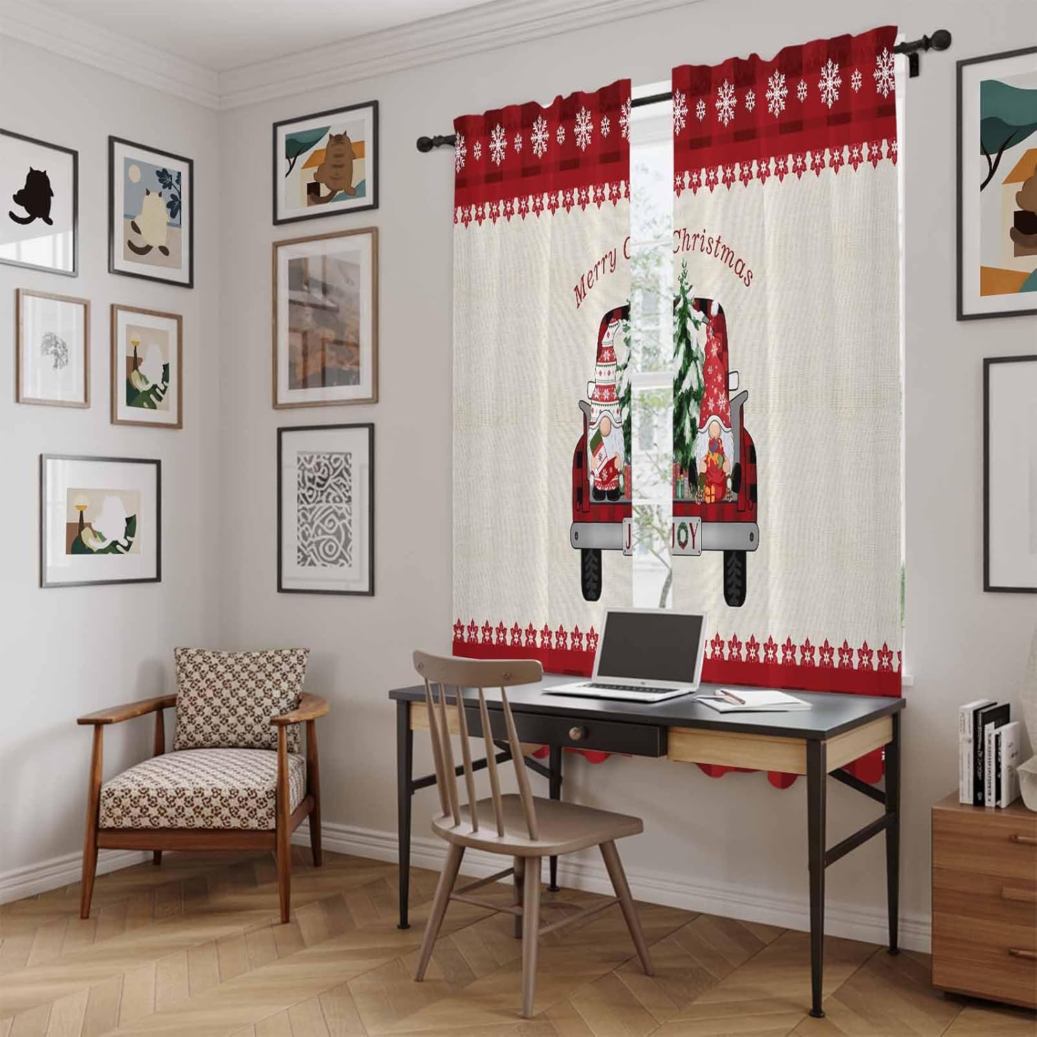 Red Christmas Window Curtains 72 Inch Long 2 Panel Set, Rod Pocket Long Curtains & Drapes, Gnomes Truck Xmas Tree Snowflake Winter Light Filtering Window Treatment for Bedroom Living Room 52"W x 72"L