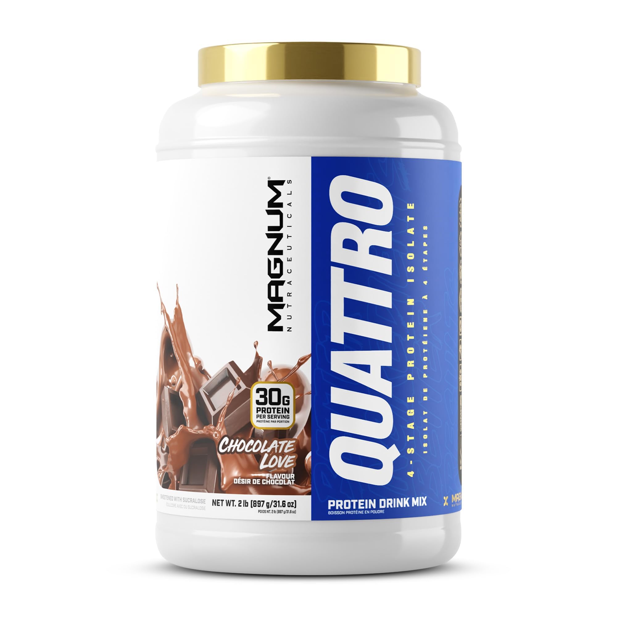 Magnum Quattro Whey Protein em pó, 30 g de proteína, blend de proteínas isoladas, hidrolisadas e micelar, sabor chocolate, 908 g