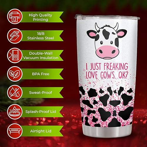 Miniatura 6 de 34HD I Just Freaking Lover Cows OK - Vaso con tapa, de acero inoxidable de 20 onzas, con aislamiento al vacío, estampado de vaca, regalos de