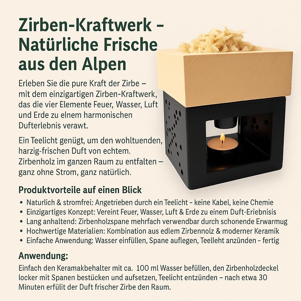 Diffuseur de pin « Zirben Kraftwerk » - Parfum d'ambiance et désodorisant avec copeaux de pin